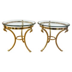 Pair Maison Jansen Neoclassical Brass and Glass End Tables Swan Heads and Feet