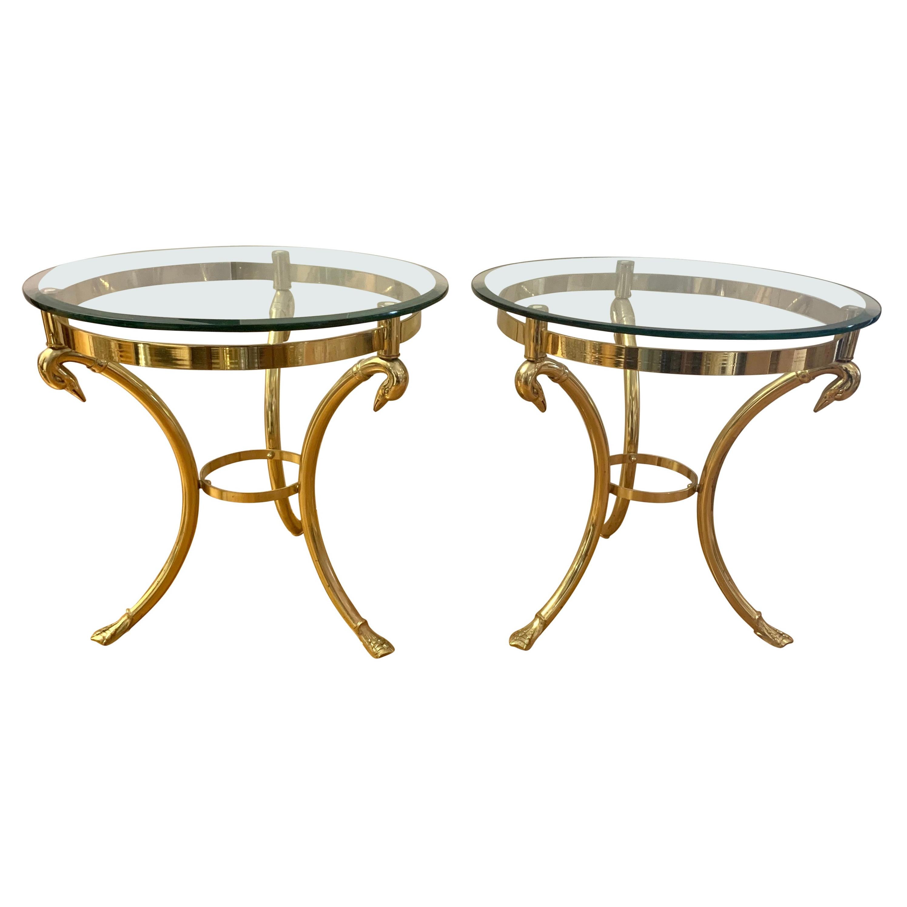 Pair Maison Jansen Neoclassical Brass and Glass End Tables Swan Heads and Feet