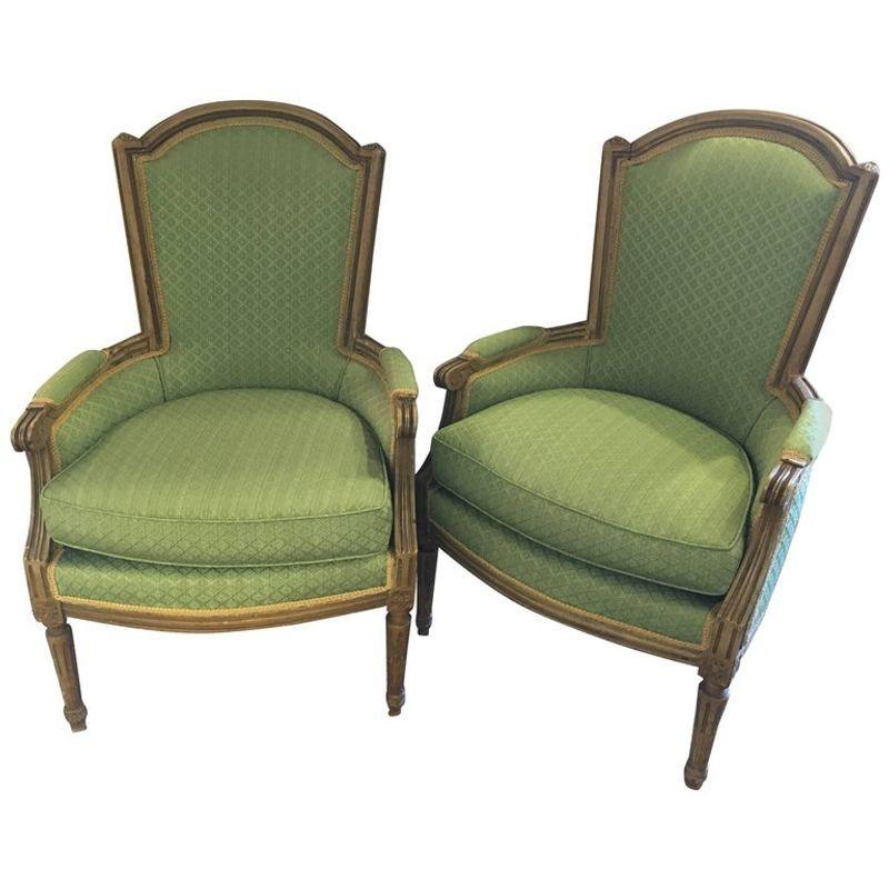 Pair of Maison Jansen Stamped Louis XVI Style Bergere / Lounge Chairs, France
A pair of Maison Jansen stamped Louis XVI style armchairs with new green upholstery. Wonderfully distressed. This fine pair of light green paint decorated bergere chairs