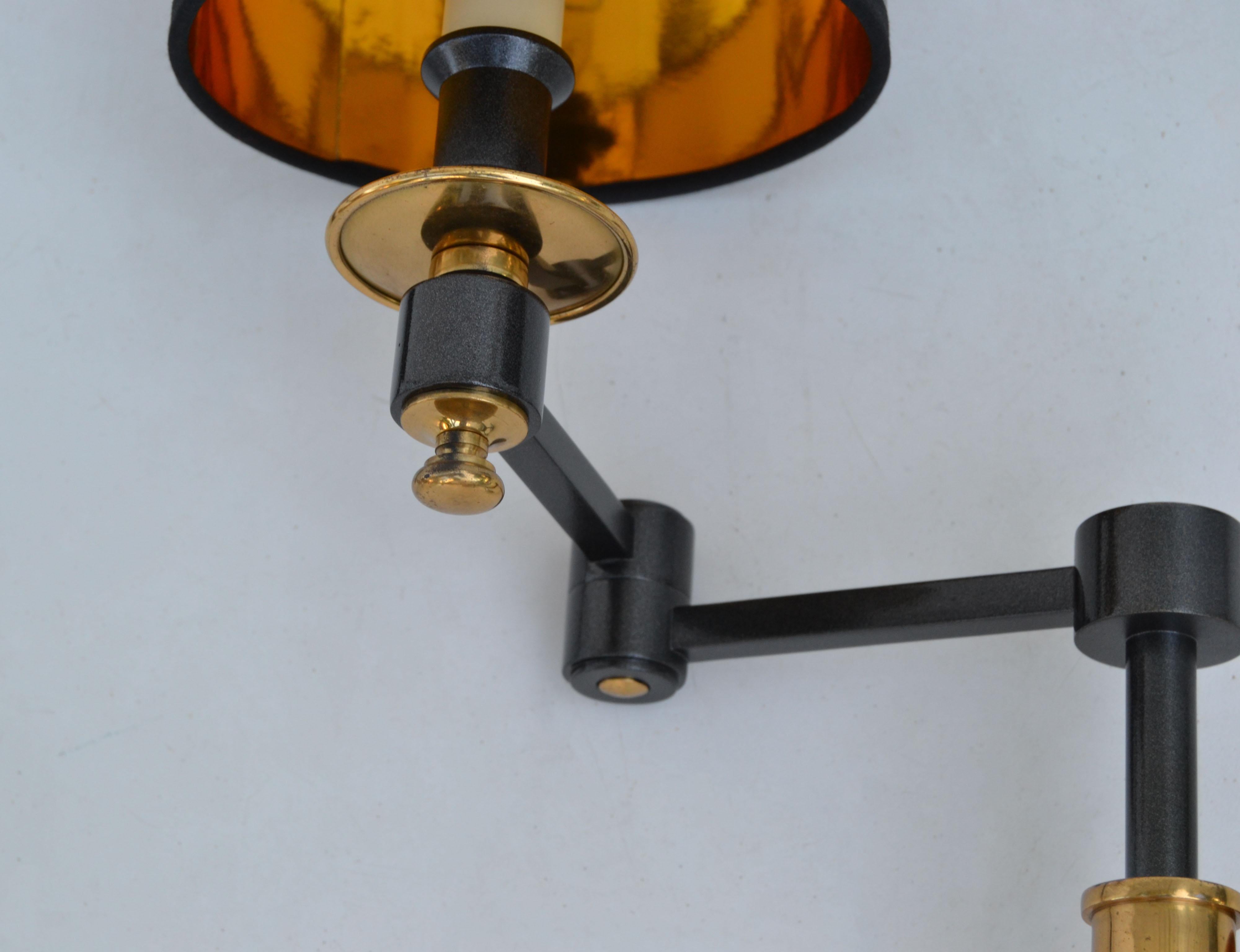 Pair, Maison Jansen Style Brass Retractable Sconce Wall Light Black & Gold Shade For Sale 2