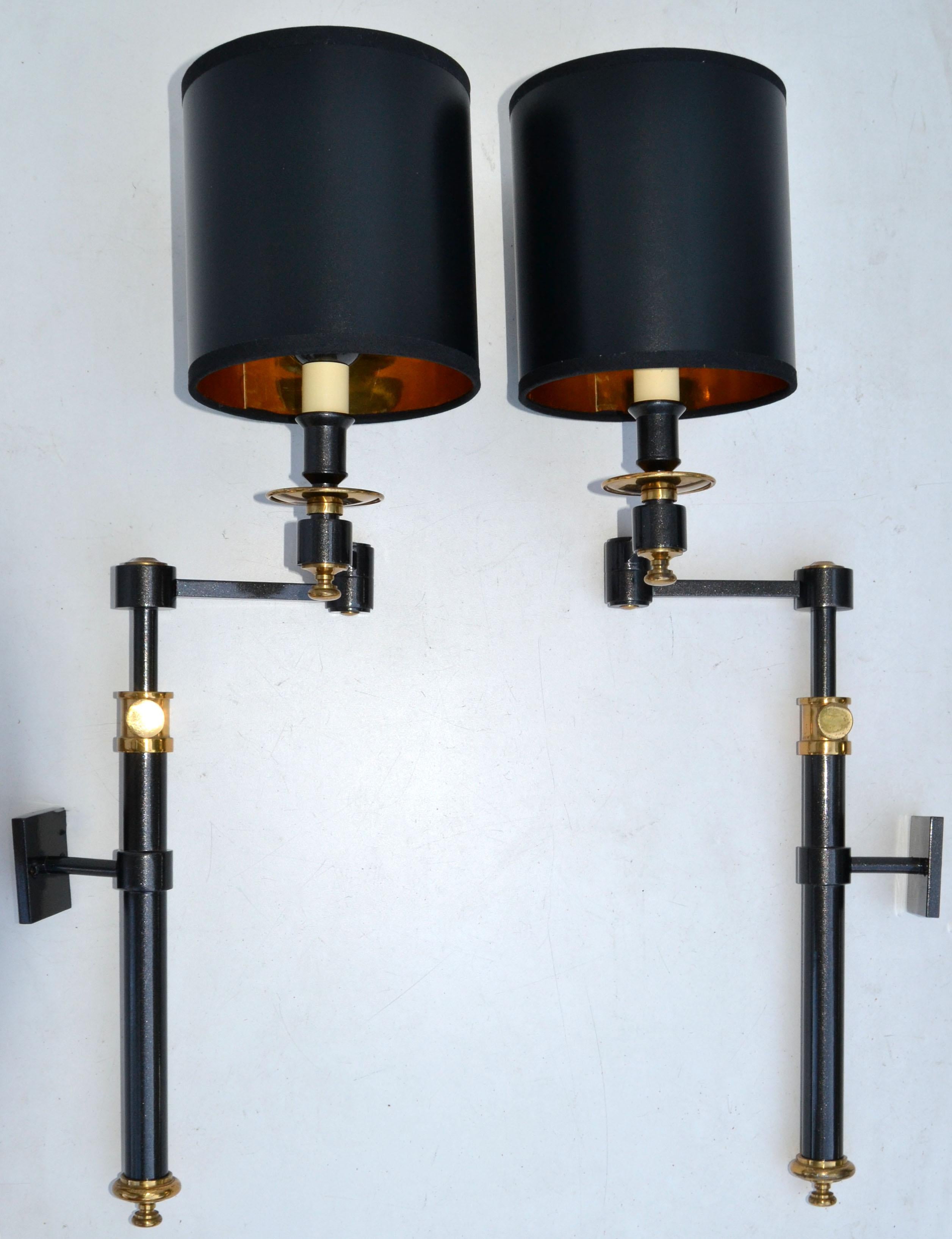 Pair, Maison Jansen Style Brass Retractable Sconce Wall Light Black & Gold Shade For Sale 9