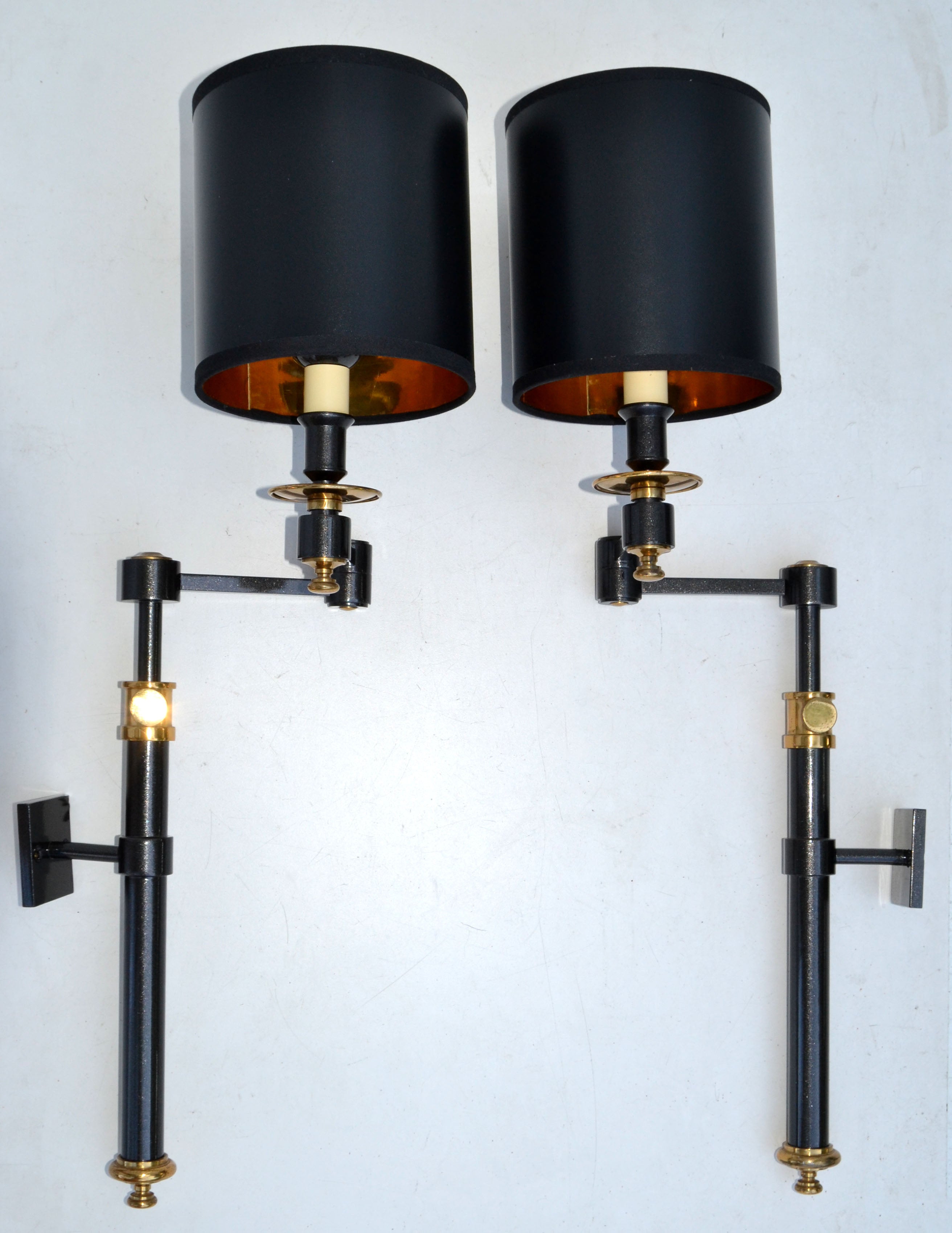 French Pair, Maison Jansen Style Brass Retractable Sconce Wall Light Black & Gold Shade For Sale