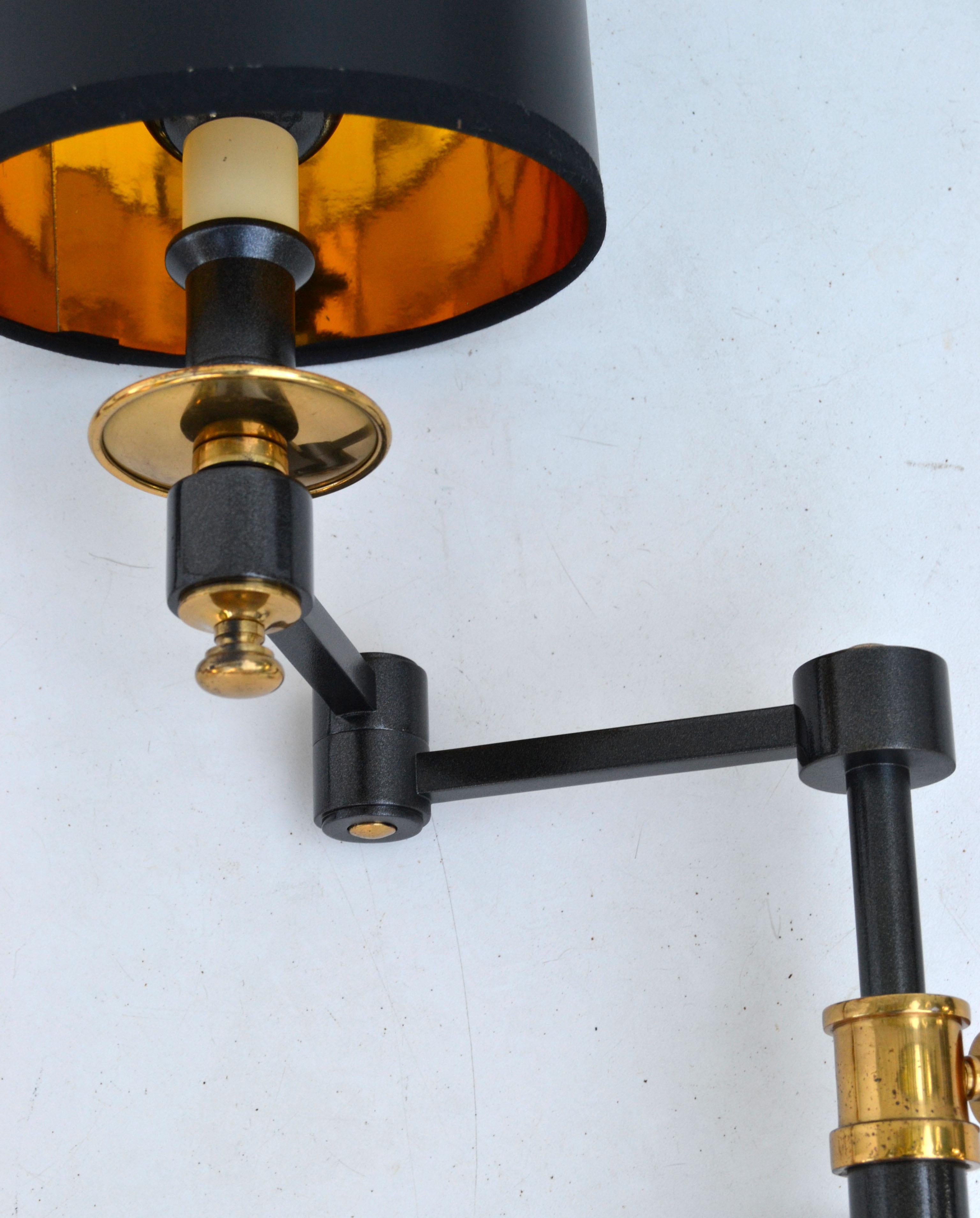 Steel Pair, Maison Jansen Style Brass Retractable Sconce Wall Light Black & Gold Shade For Sale
