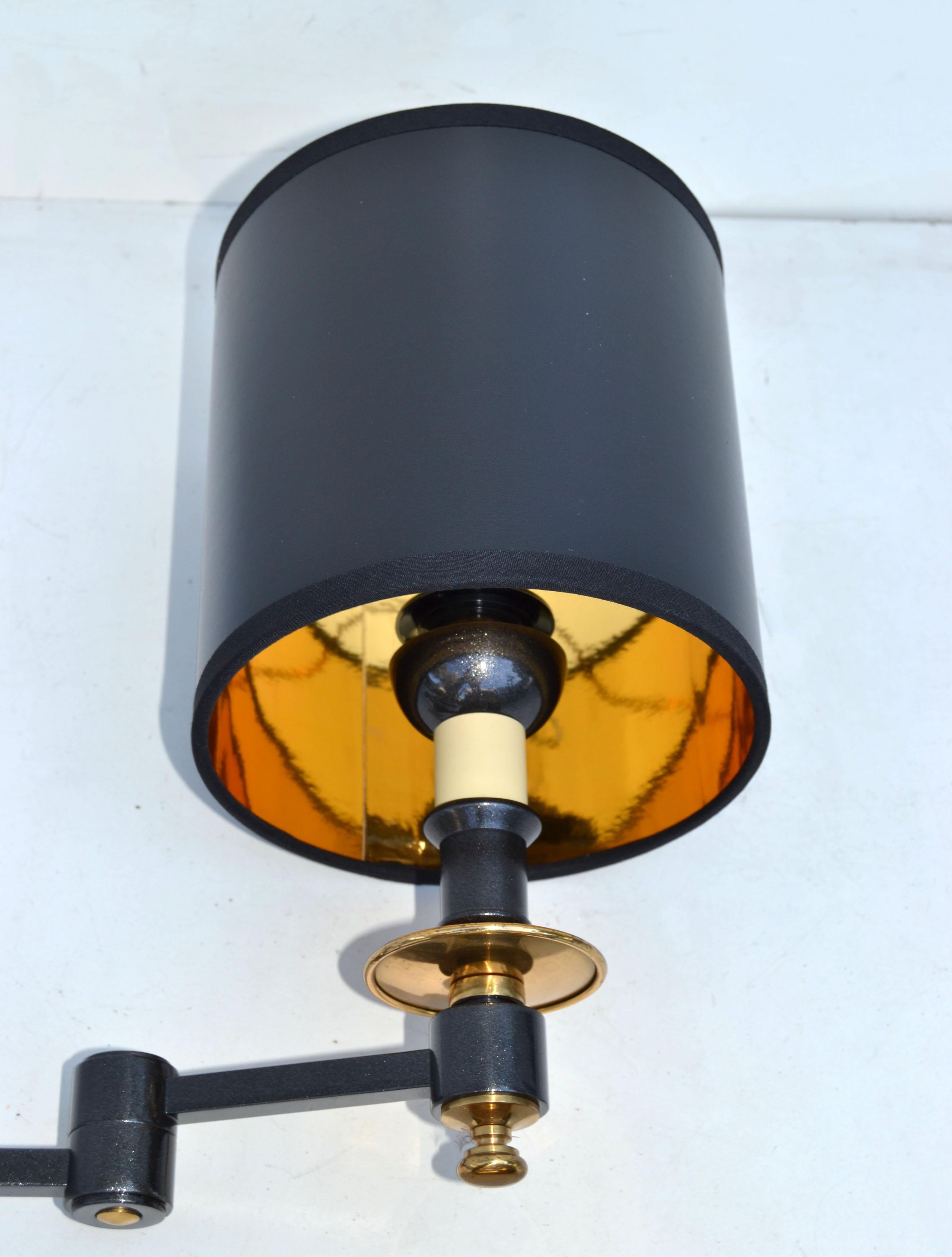 Pair, Maison Jansen Style Brass Retractable Sconce Wall Light Black & Gold Shade For Sale 1