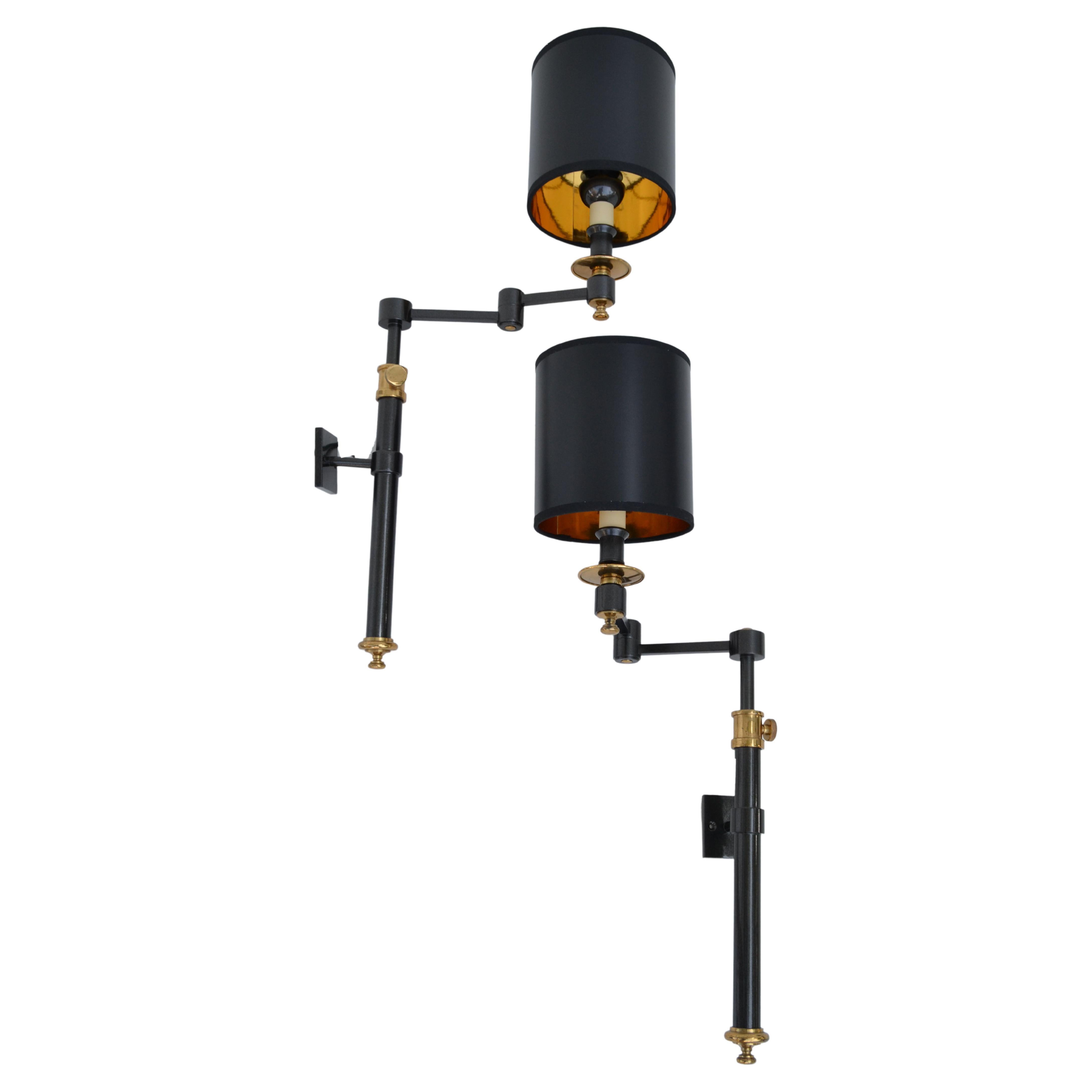 Pair, Maison Jansen Style Brass Retractable Sconce Wall Light Black & Gold Shade For Sale