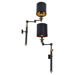 Vintage Pair, Maison Jansen Style Brass Retractable Sconce Wall Light Black & Gold Shade