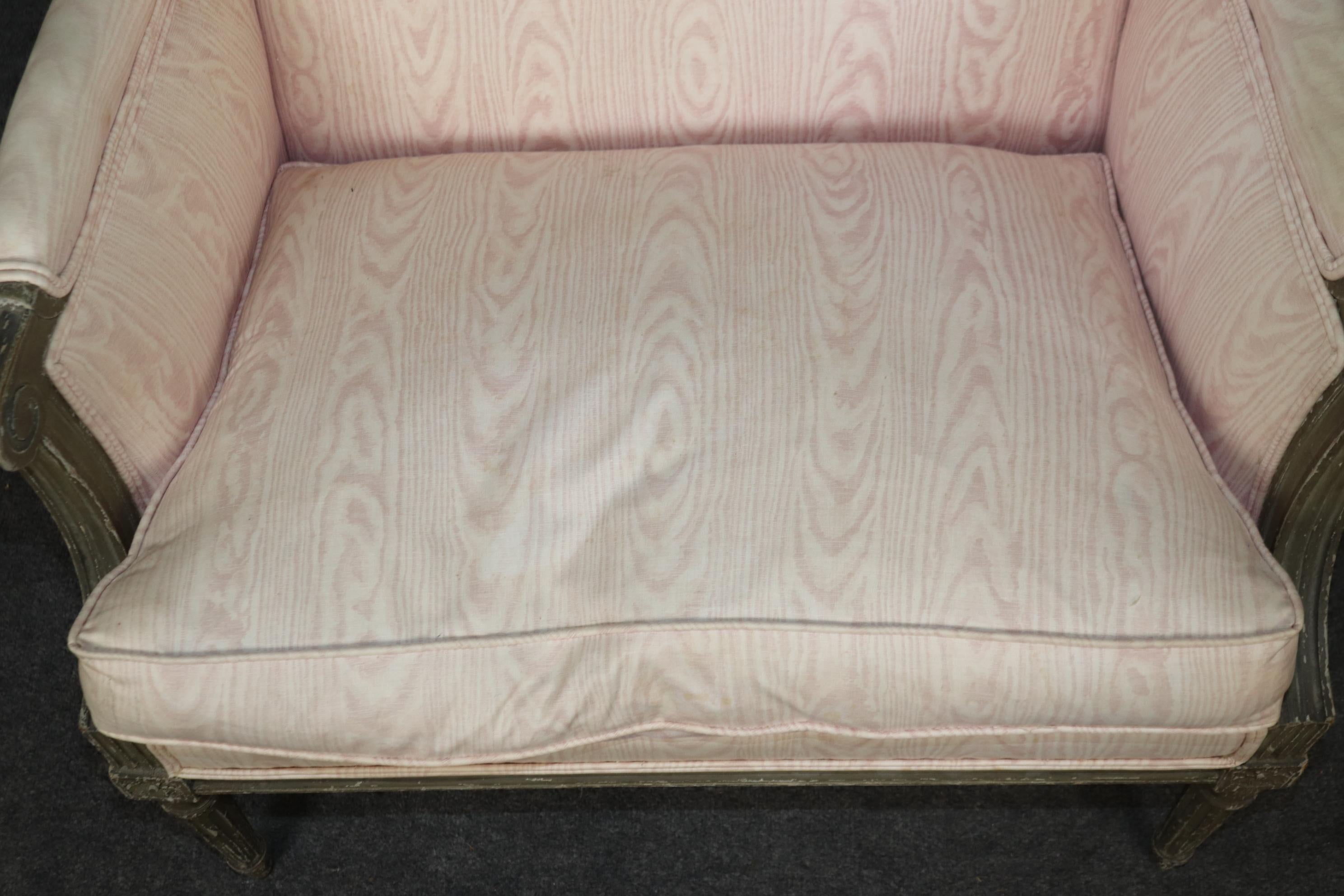 Pair Maison Jansen style Distressed Grayish Green and Blush Moire Bergere Chairs 4