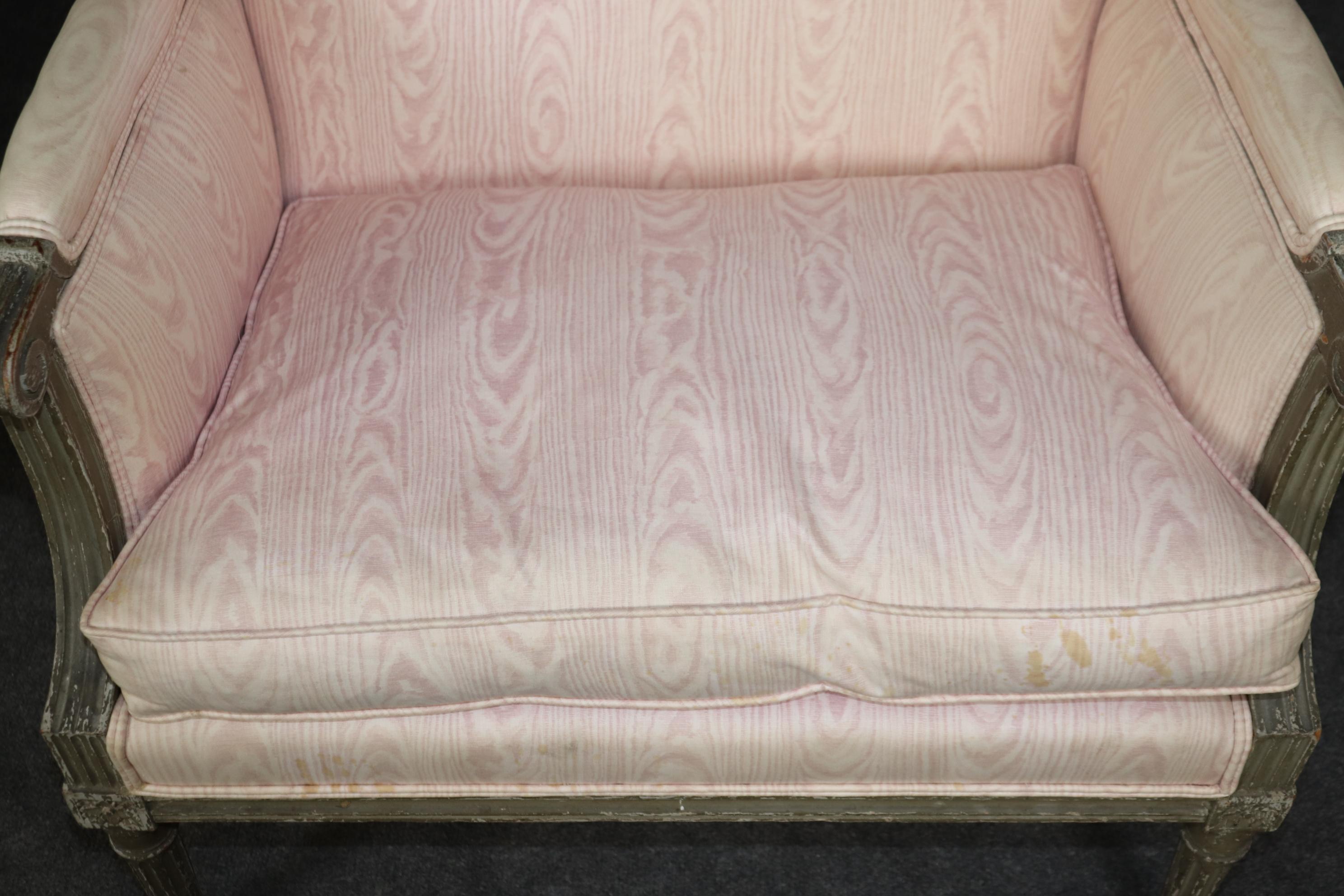 Pair Maison Jansen style Distressed Grayish Green and Blush Moire Bergere Chairs 5