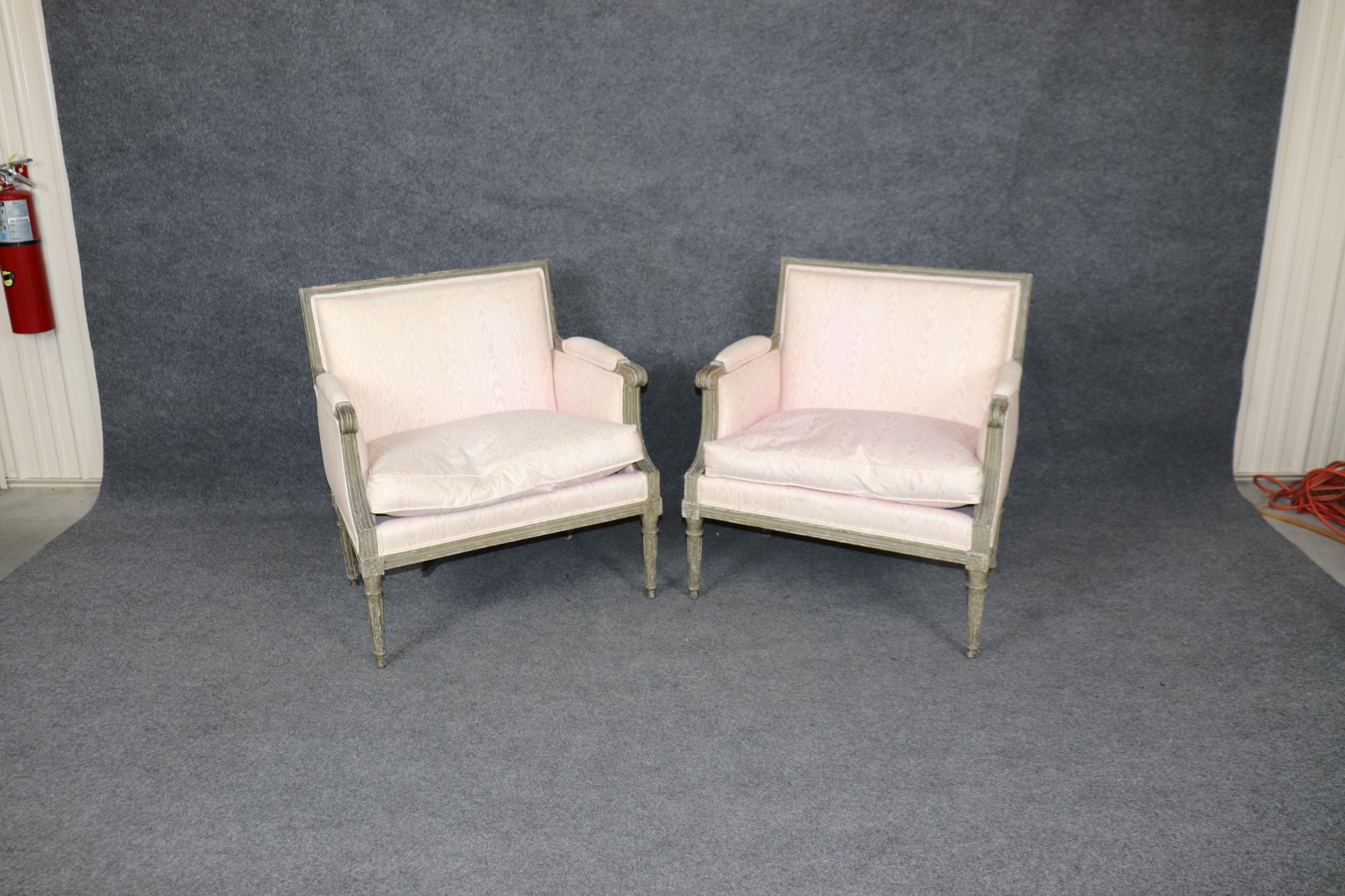 Directoire Pair Maison Jansen style Distressed Grayish Green and Blush Moire Bergere Chairs