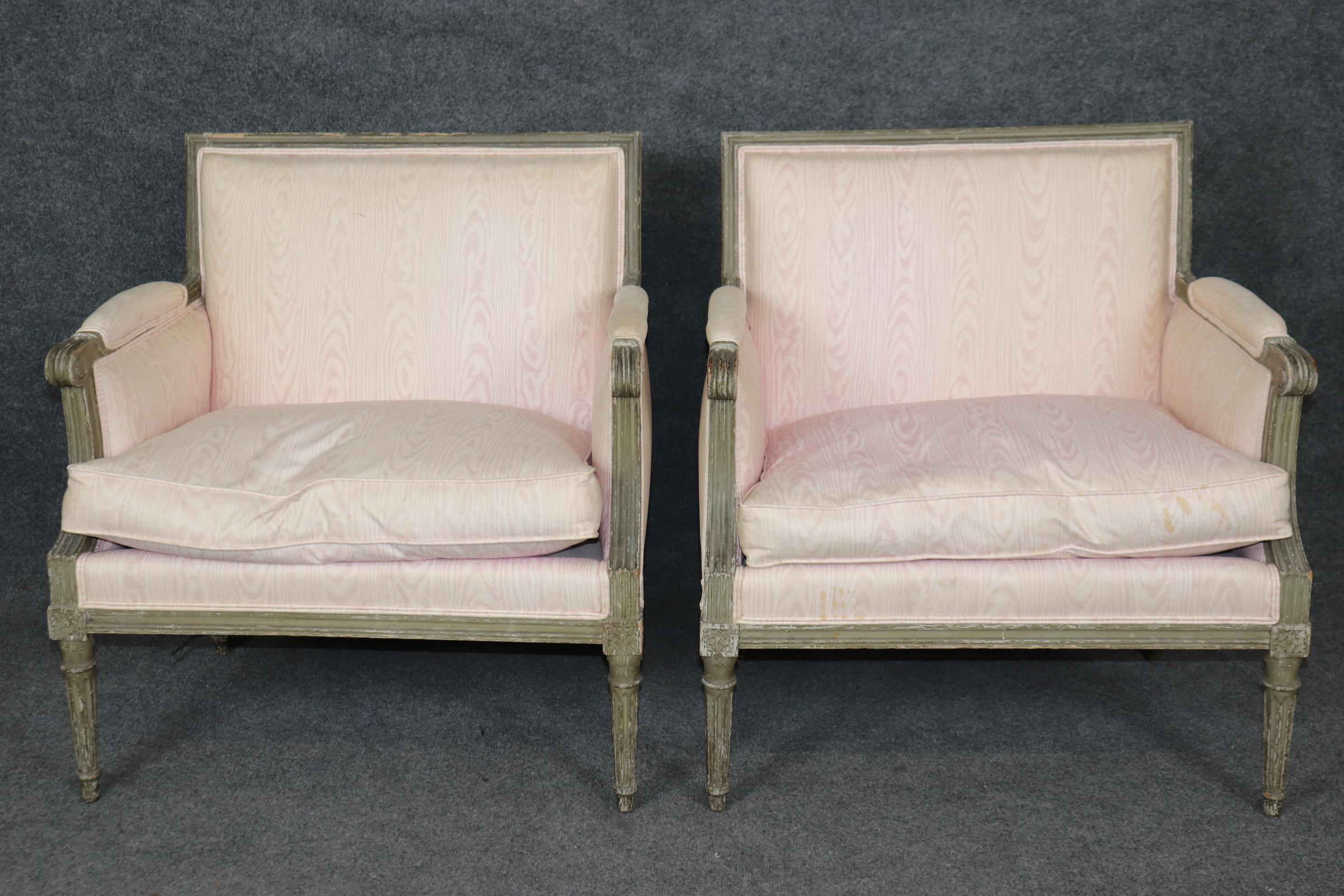 Early 20th Century Pair Maison Jansen style Distressed Grayish Green and Blush Moire Bergere Chairs