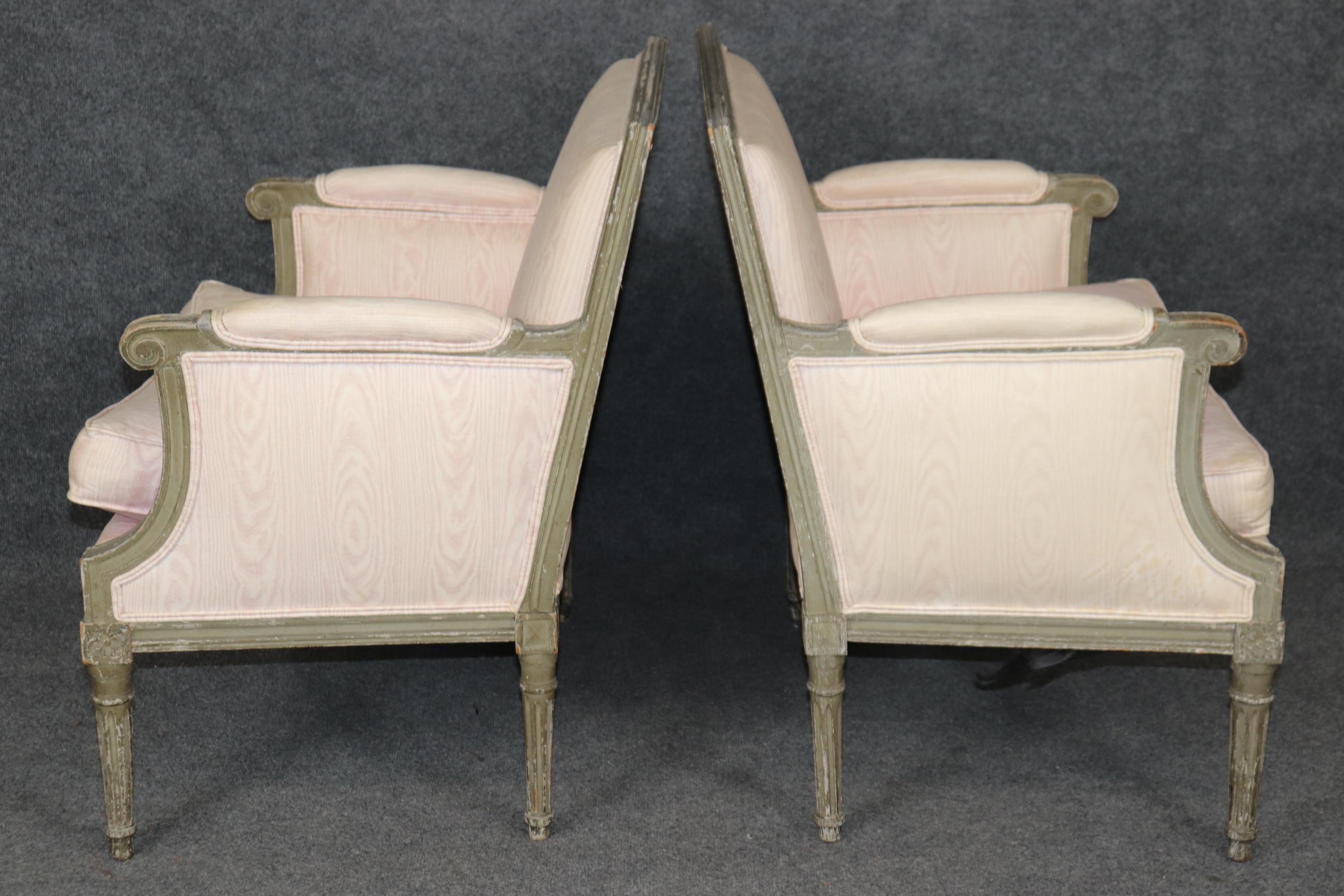 Walnut Pair Maison Jansen style Distressed Grayish Green and Blush Moire Bergere Chairs