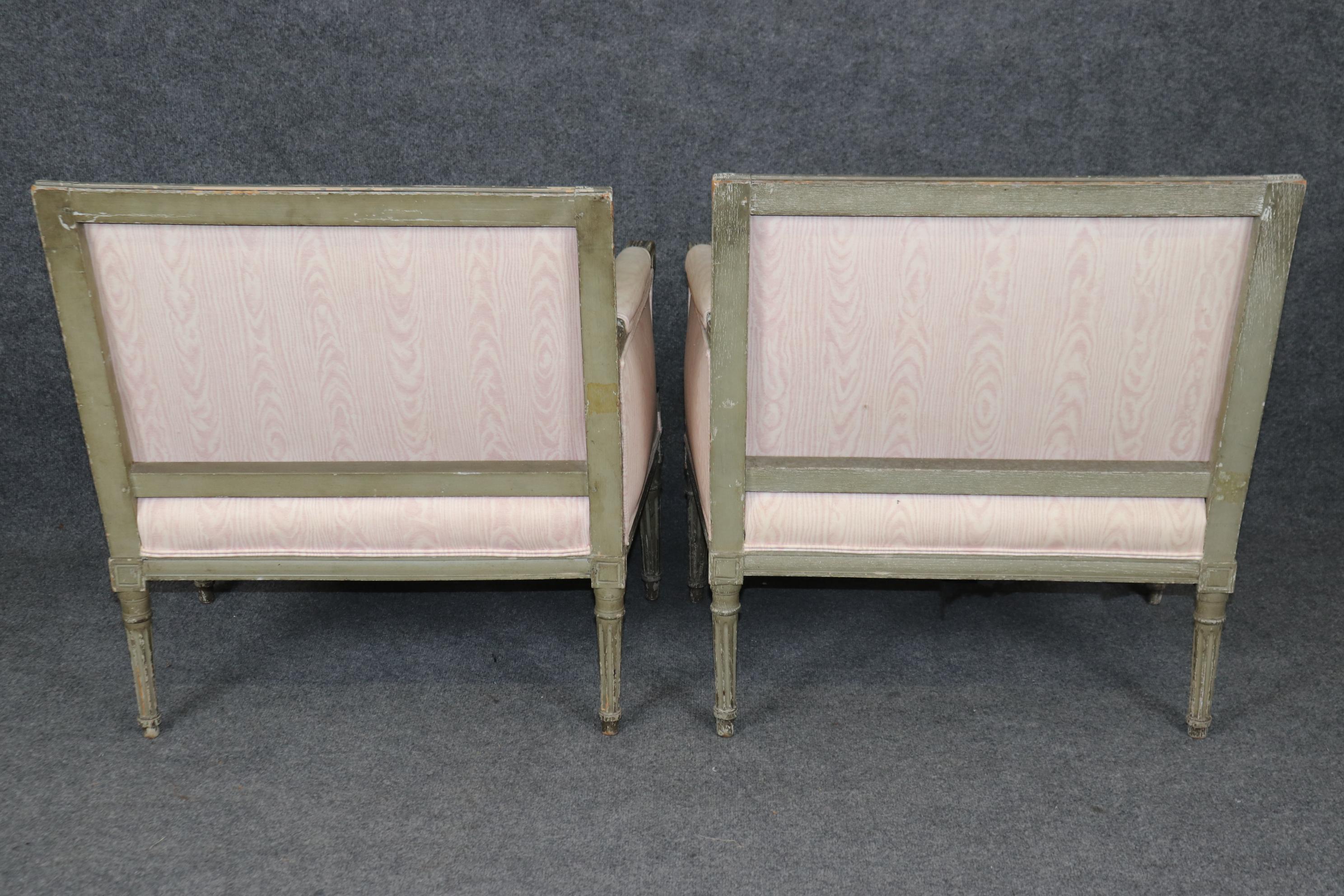Pair Maison Jansen style Distressed Grayish Green and Blush Moire Bergere Chairs 1