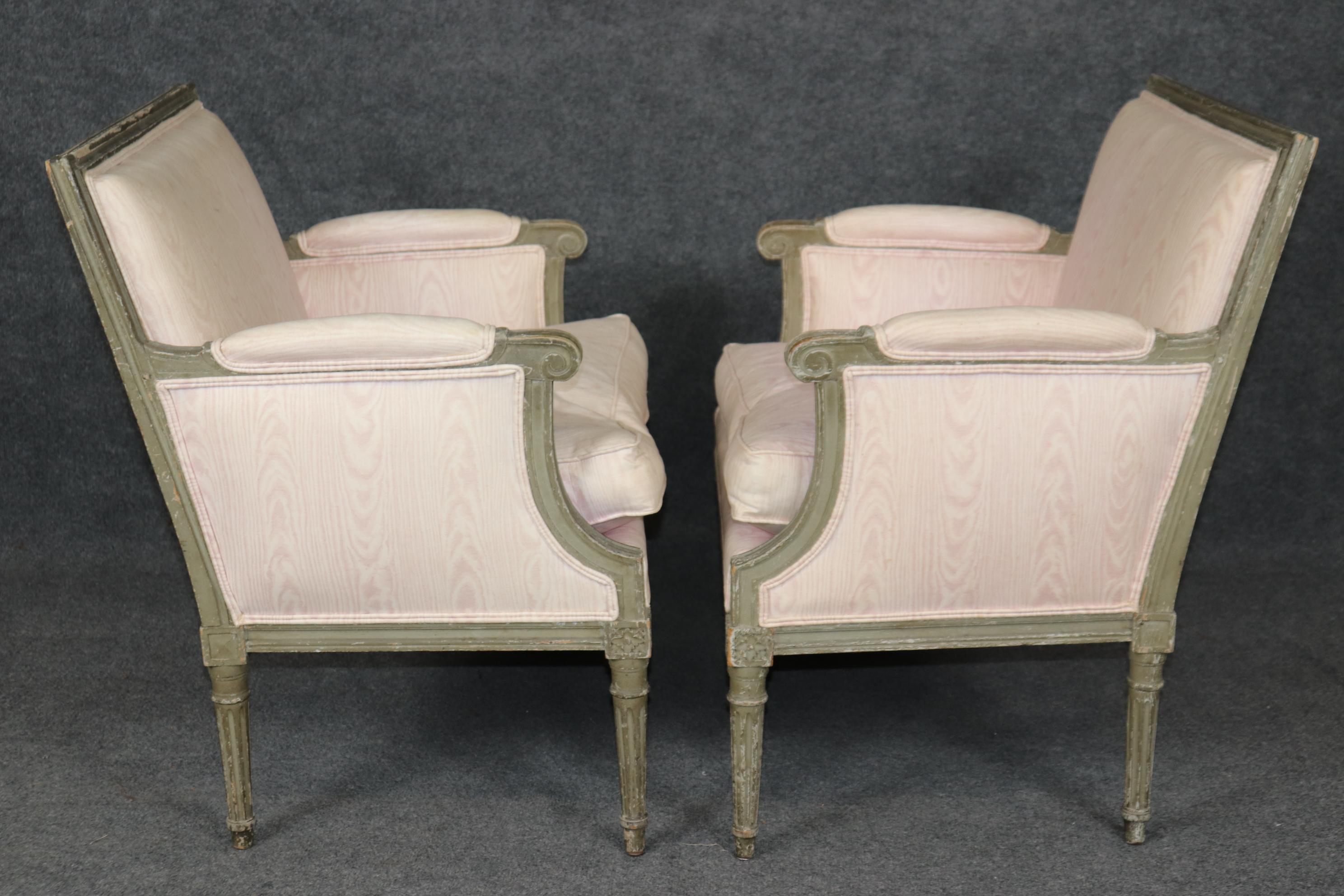 Pair Maison Jansen style Distressed Grayish Green and Blush Moire Bergere Chairs 2