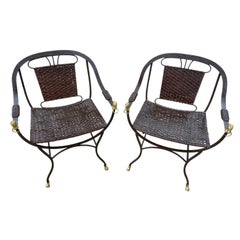 Pair Maison Jansen Style Equestrian Curule Chairs with Gilt Horse Heads