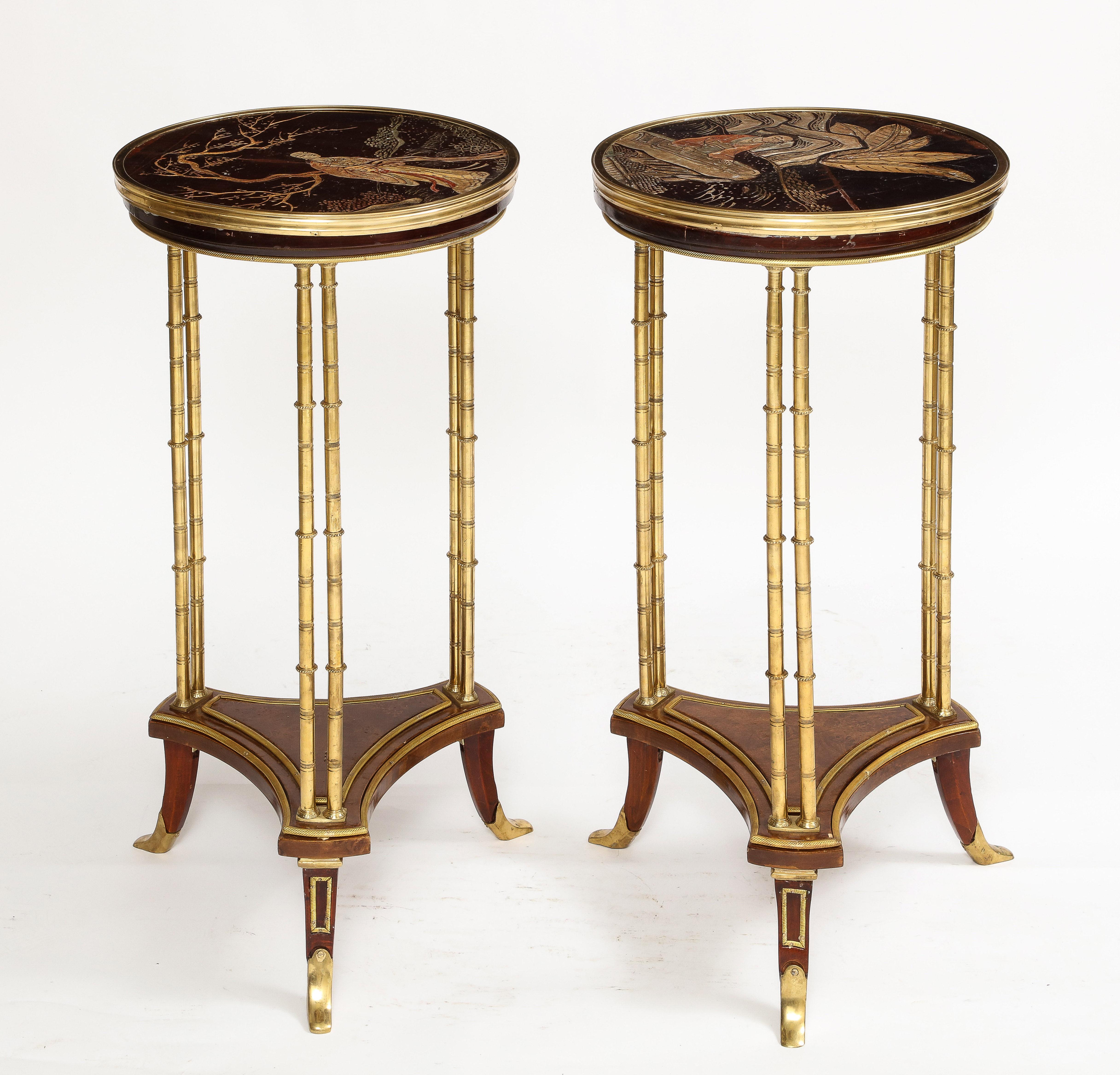 Hand-Carved Pair Maison Jansen Style French Chinoiserie Gueridon Side Tables