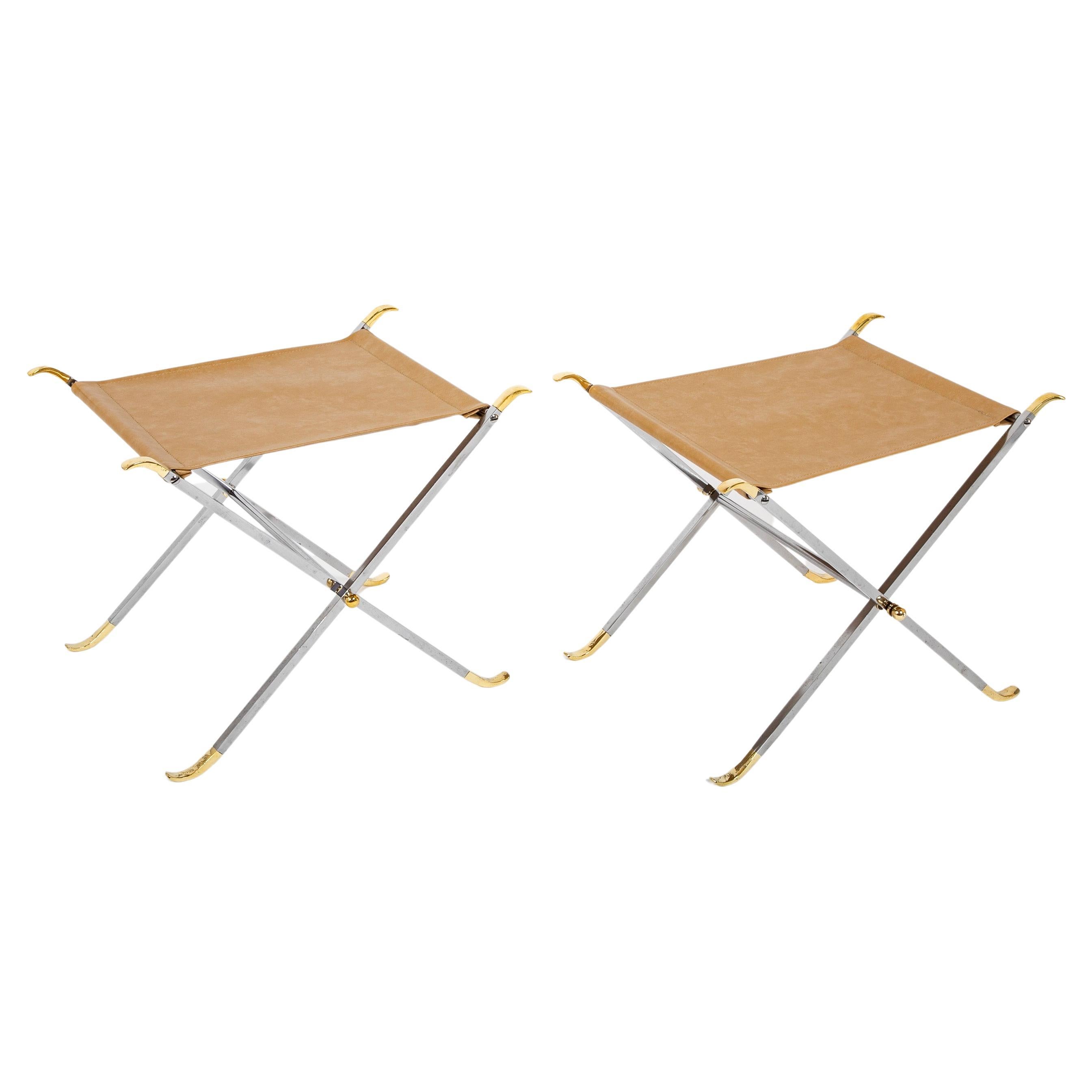 Pair Maison Jansen Style Polished Steel and Brass X-Stools With Leather Seats For Sale