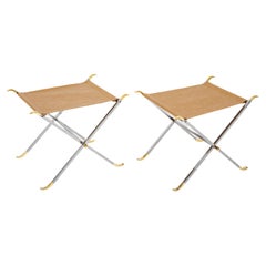 Pair Maison Jansen Style Polished Steel and Brass X-Stools With Leather Seats