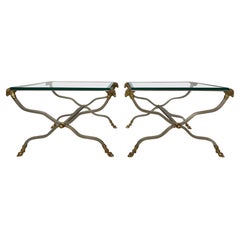 Pair Maison Jansen Style Steel and Brass Curule Base Side Tables with Ram's Head
