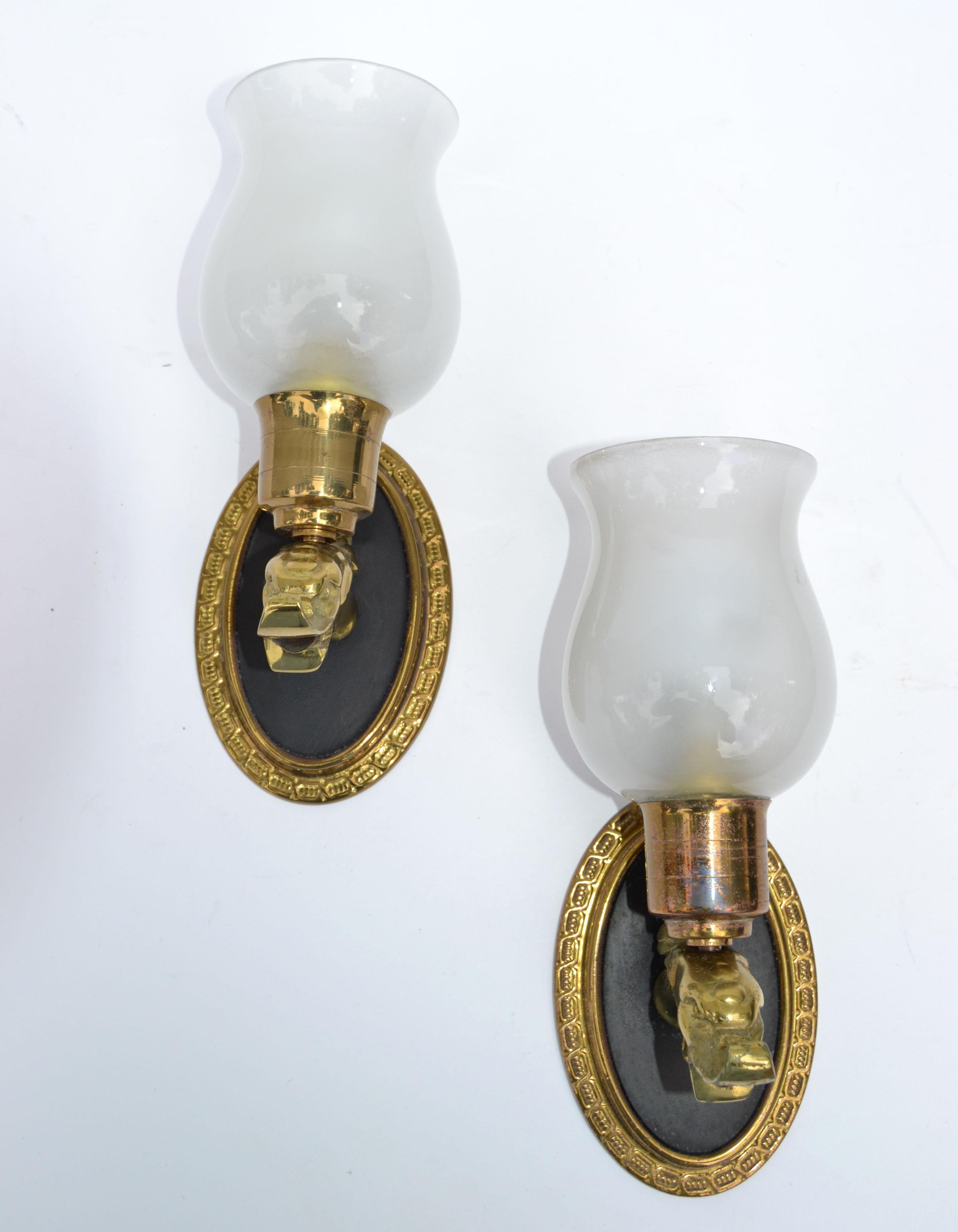 Pair Maison Lancel Brass Eagle Sconce Frosted Opaline Glass Shade France 1950 For Sale 5