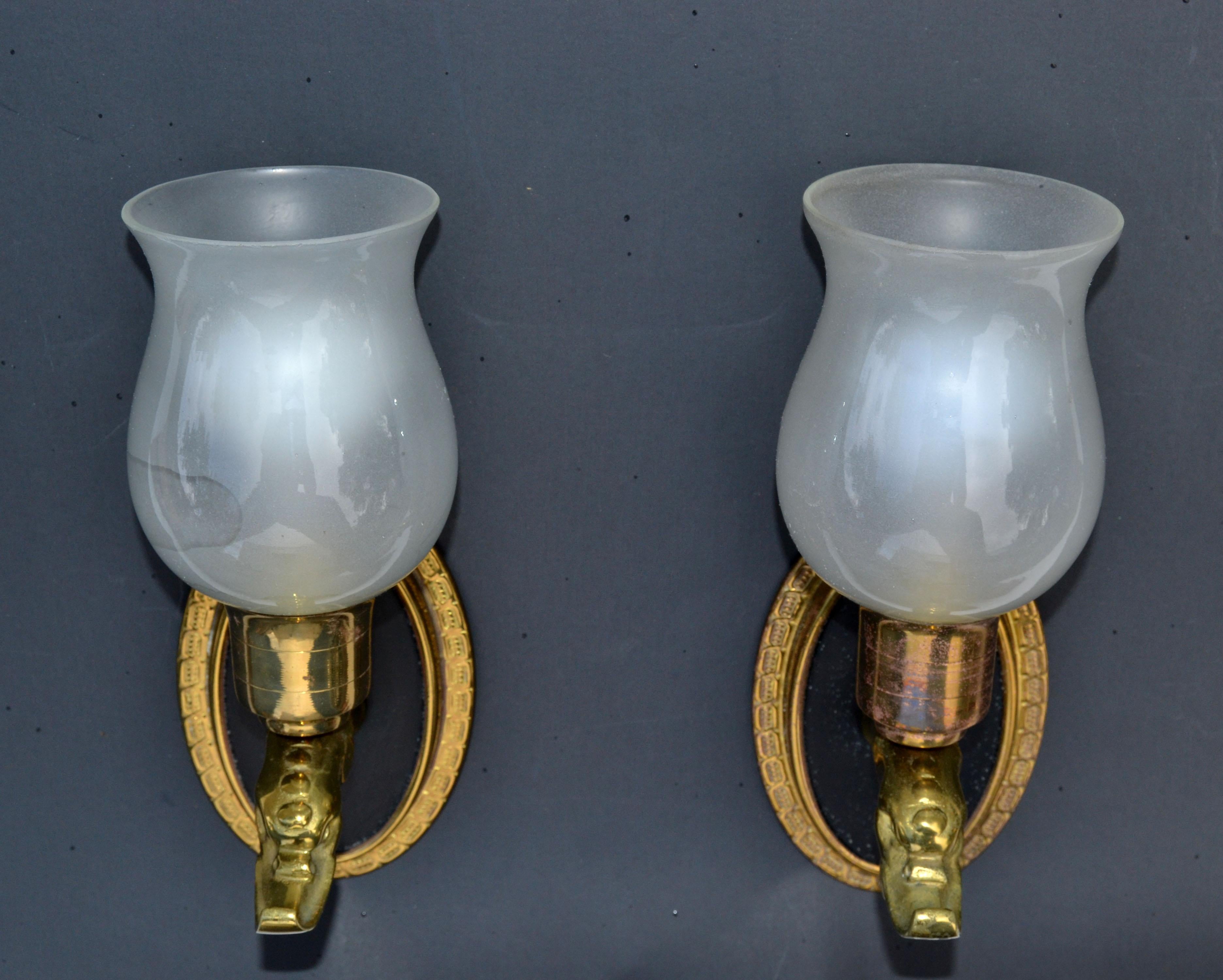 Pair Maison Lancel Brass Eagle Sconce Frosted Opaline Glass Shade France 1950 For Sale 6
