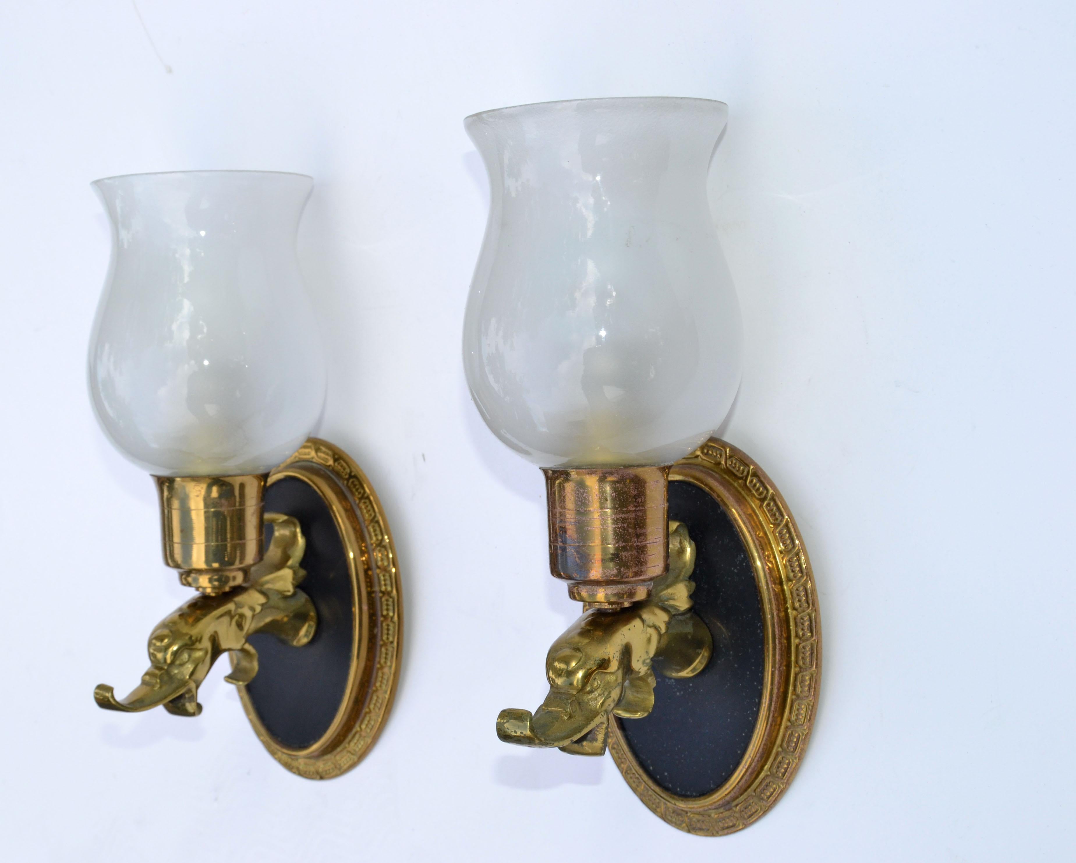 Pair Maison Lancel Brass Eagle Sconce Frosted Opaline Glass Shade France 1950 For Sale 7