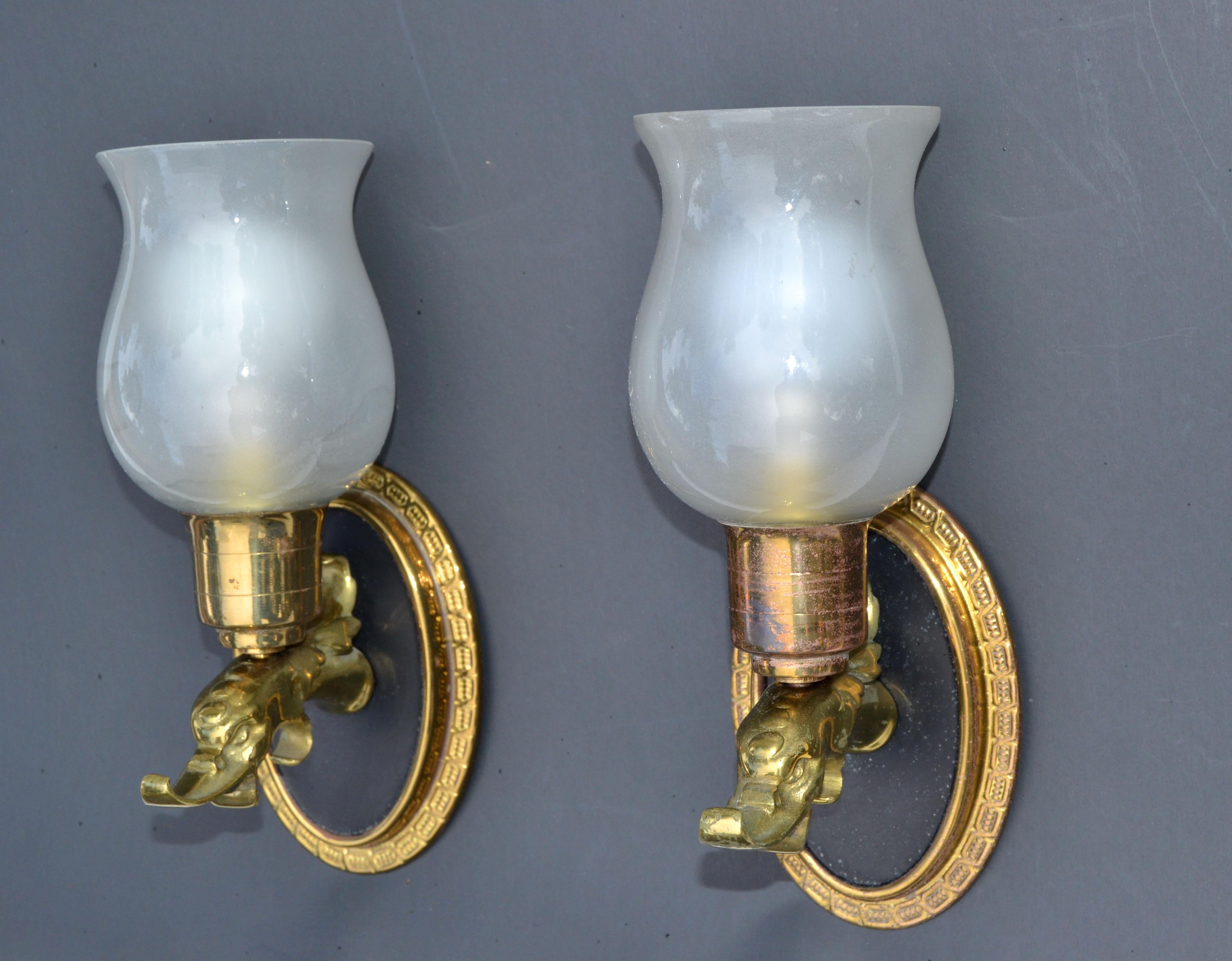 Superb Maison Lancel brass & enamel sconces, wall lights with original blown frosted Opaline glass shade.
These animal sculpture lighting was made in the style of E. Guillemard 1950 in France. 
Perfect working condition and each sconce takes one