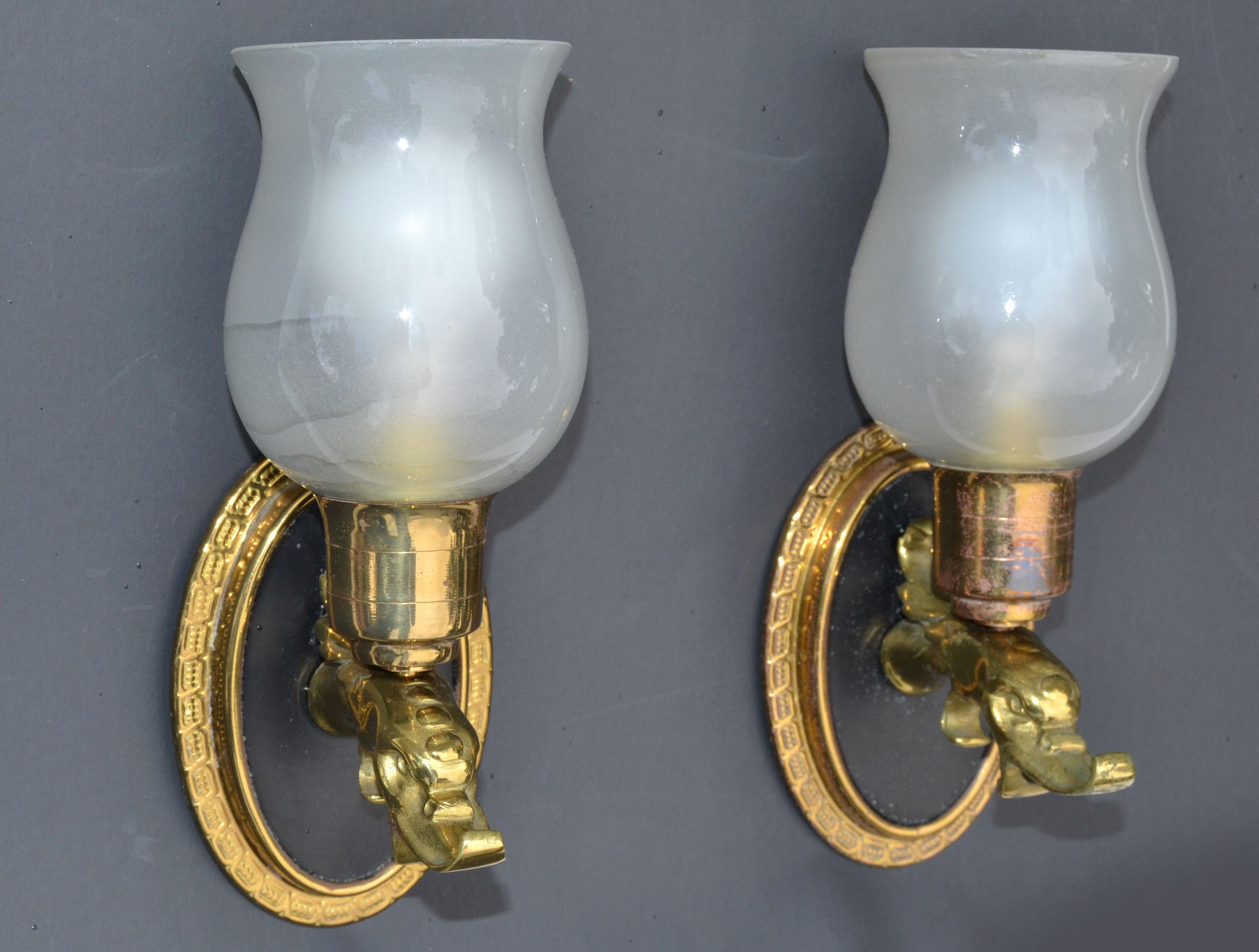 Mid-Century Modern Pair Maison Lancel Brass Eagle Sconce Frosted Opaline Glass Shade France 1950 For Sale