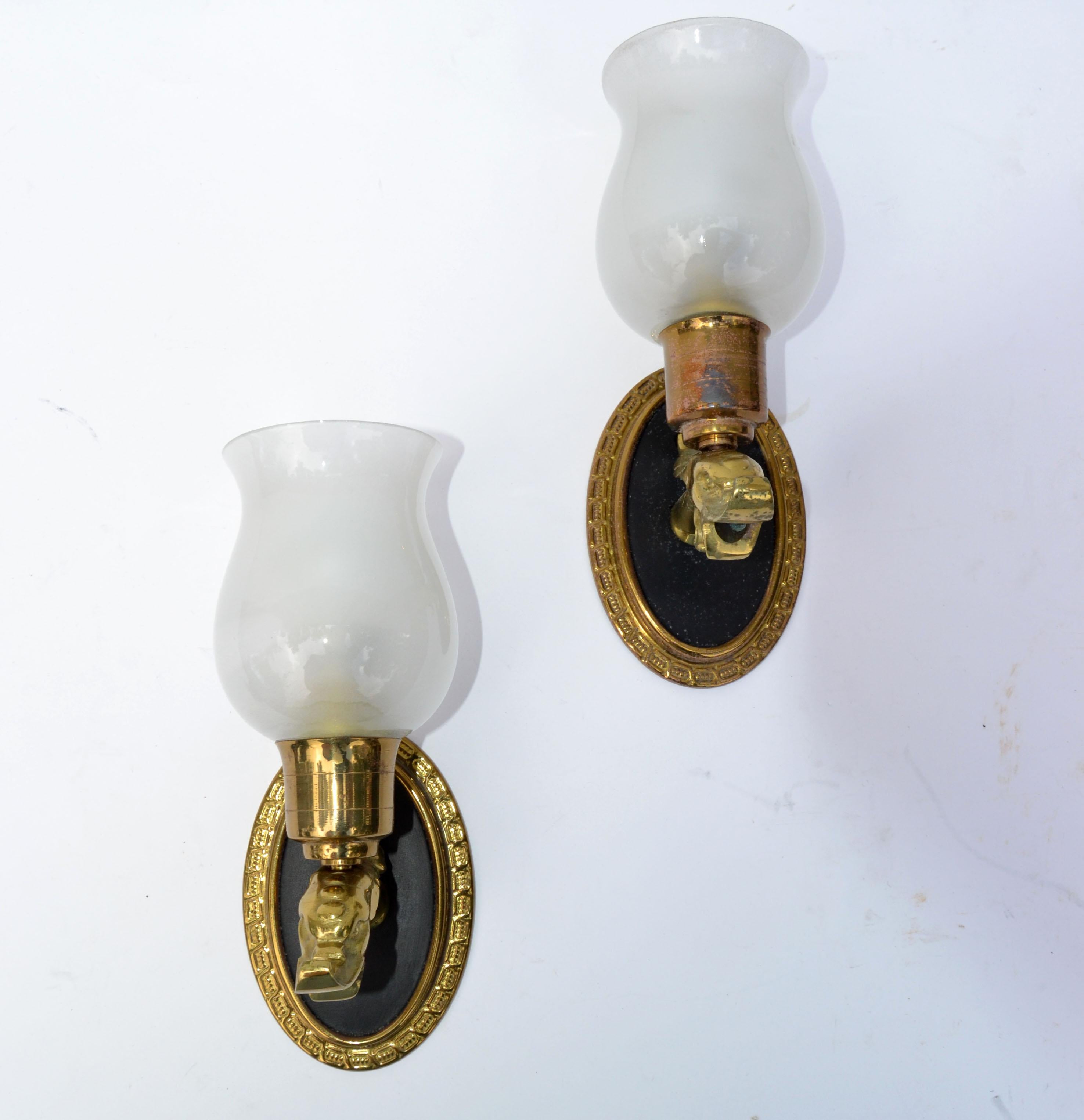 French Pair Maison Lancel Brass Eagle Sconce Frosted Opaline Glass Shade France 1950 For Sale