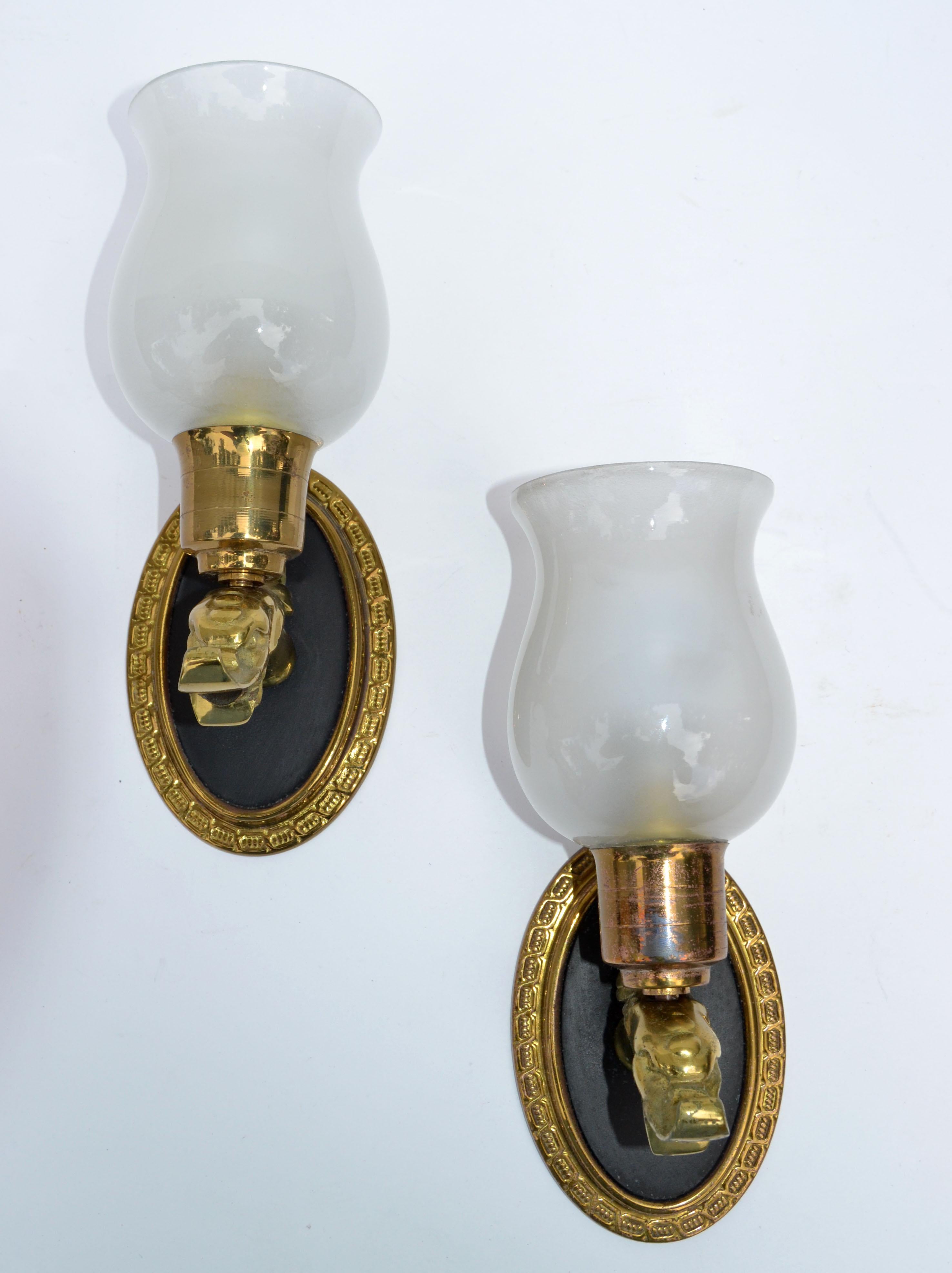 Cast Pair Maison Lancel Brass Eagle Sconce Frosted Opaline Glass Shade France 1950 For Sale