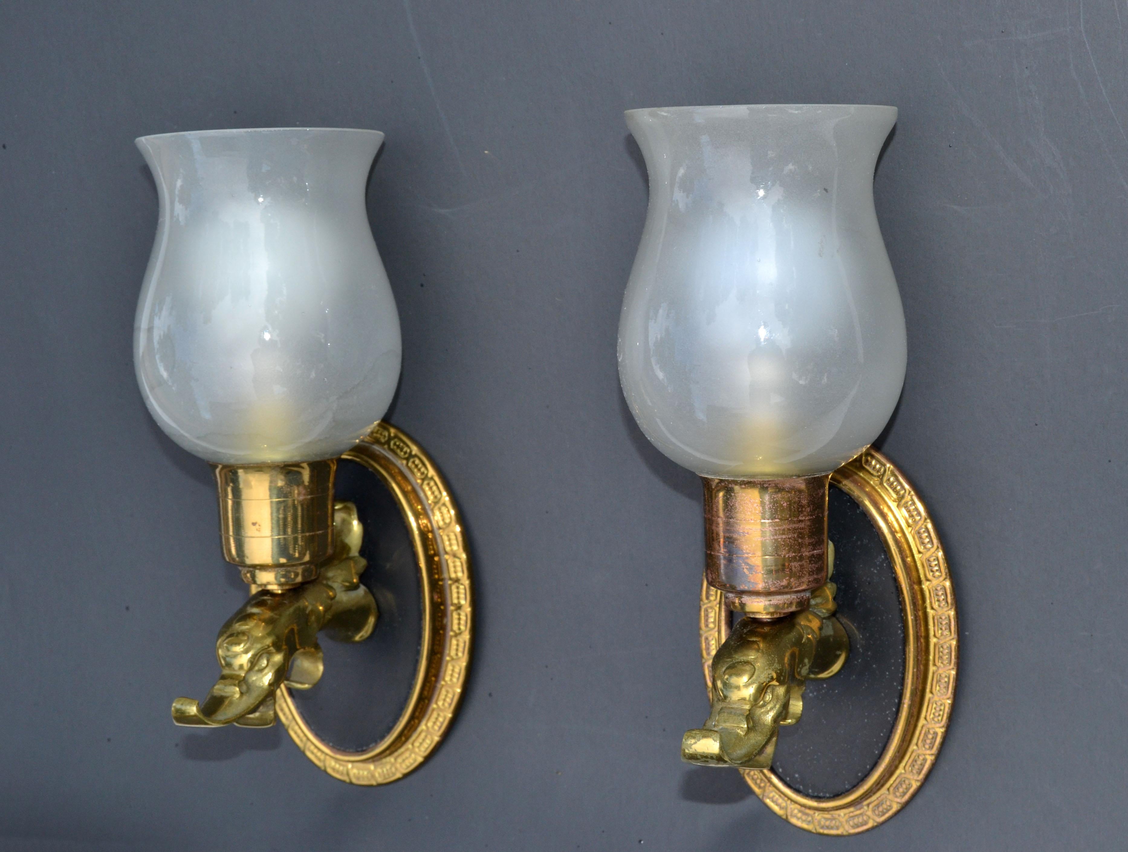 20th Century Pair Maison Lancel Brass Eagle Sconce Frosted Opaline Glass Shade France 1950 For Sale