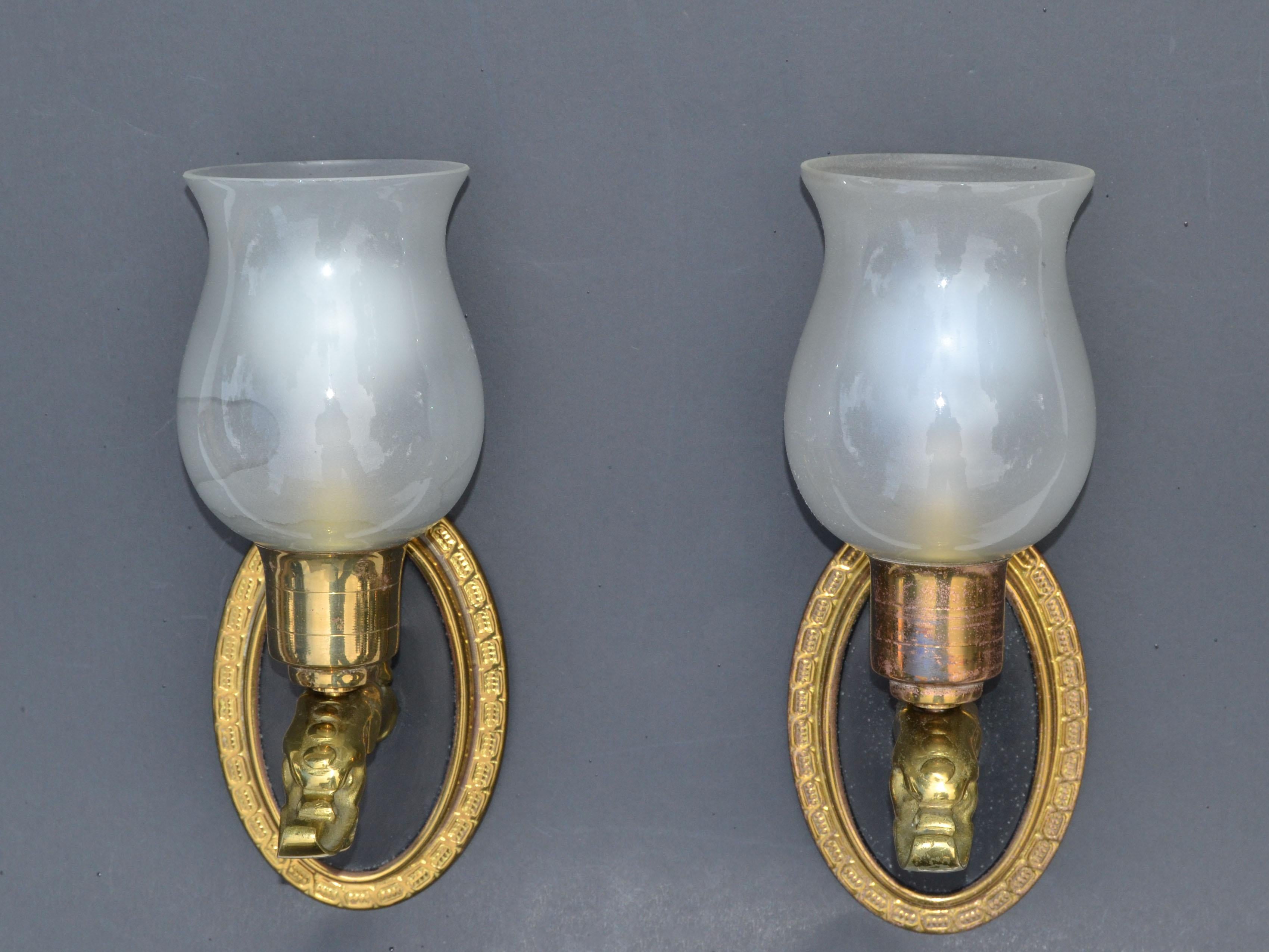 Pair Maison Lancel Brass Eagle Sconce Frosted Opaline Glass Shade France 1950 For Sale 1