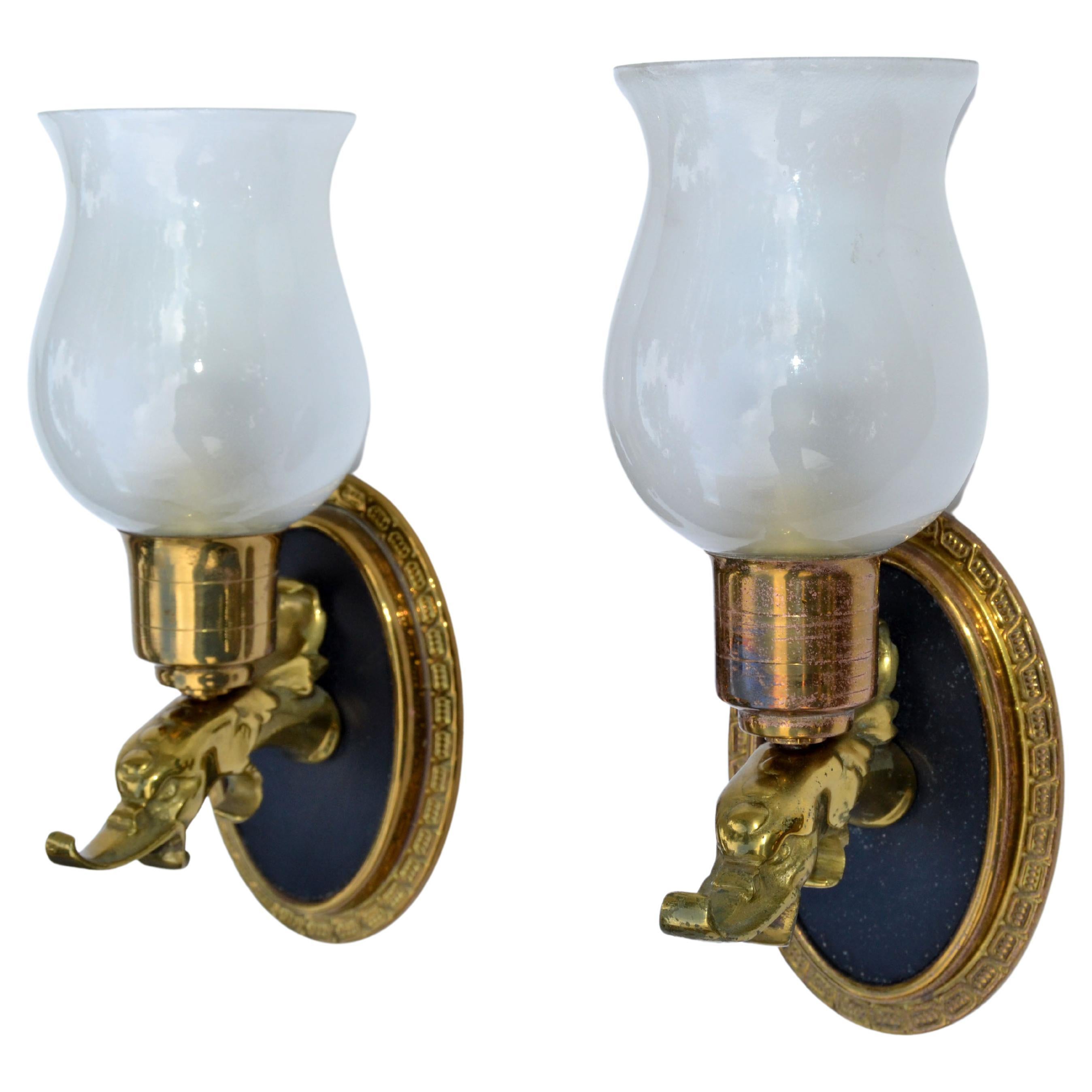 Pair Maison Lancel Brass Eagle Sconce Frosted Opaline Glass Shade France 1950 For Sale