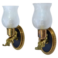 Vintage Pair Maison Lancel Brass Eagle Sconce Frosted Opaline Glass Shade France 1950