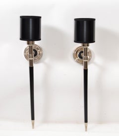 Coppia, Maison Lancel, lampade da parete in legno e cromo della modernità di metà secolo 1960