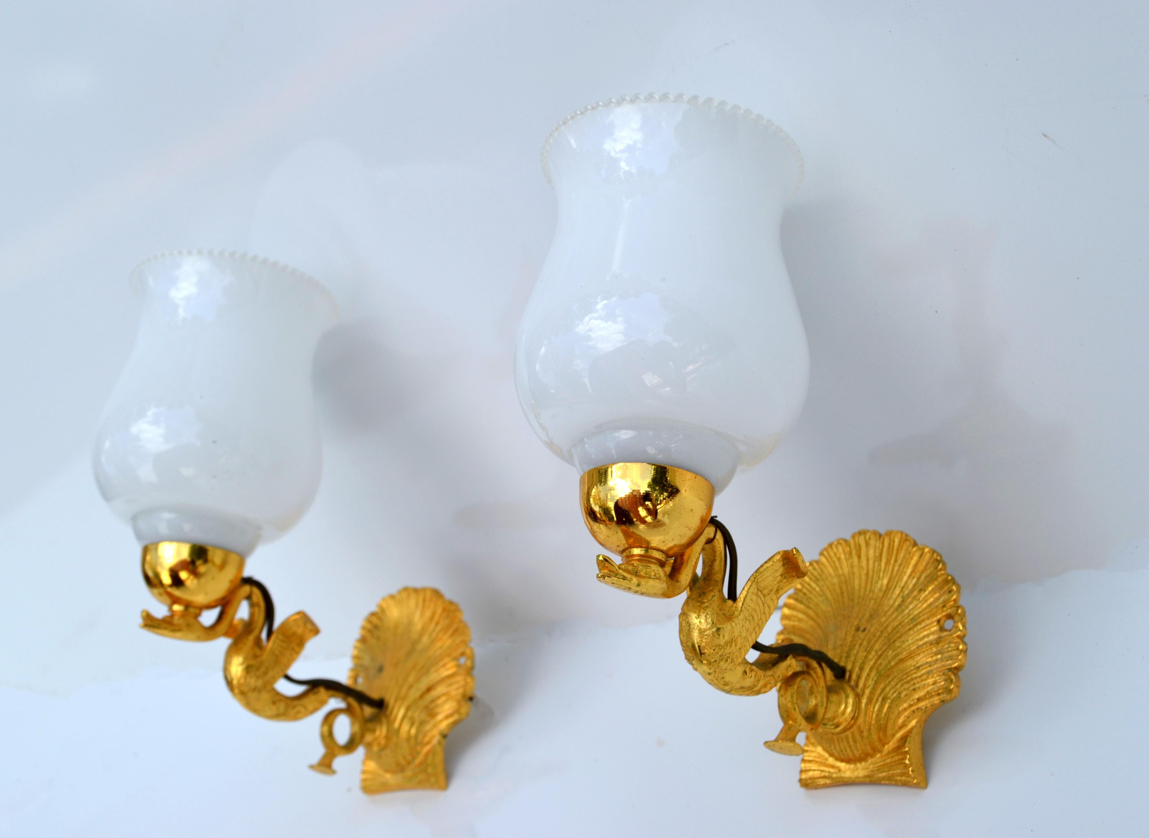 Pair, Maison Lancel Gilt Bronze Sconces Ruffled Opaline Glass Shade France, 1950 For Sale 8