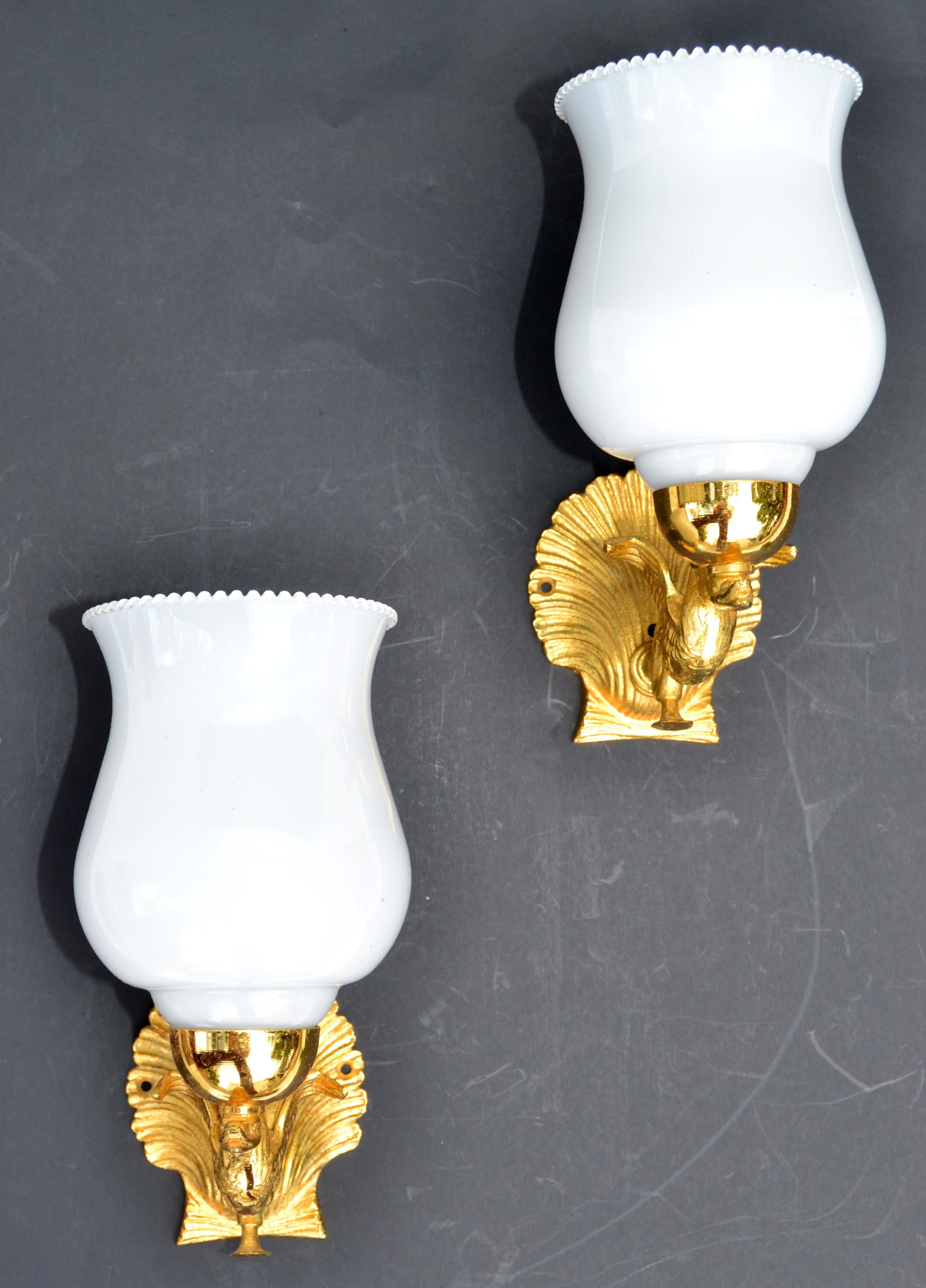 French Pair, Maison Lancel Gilt Bronze Sconces Ruffled Opaline Glass Shade France, 1950 For Sale