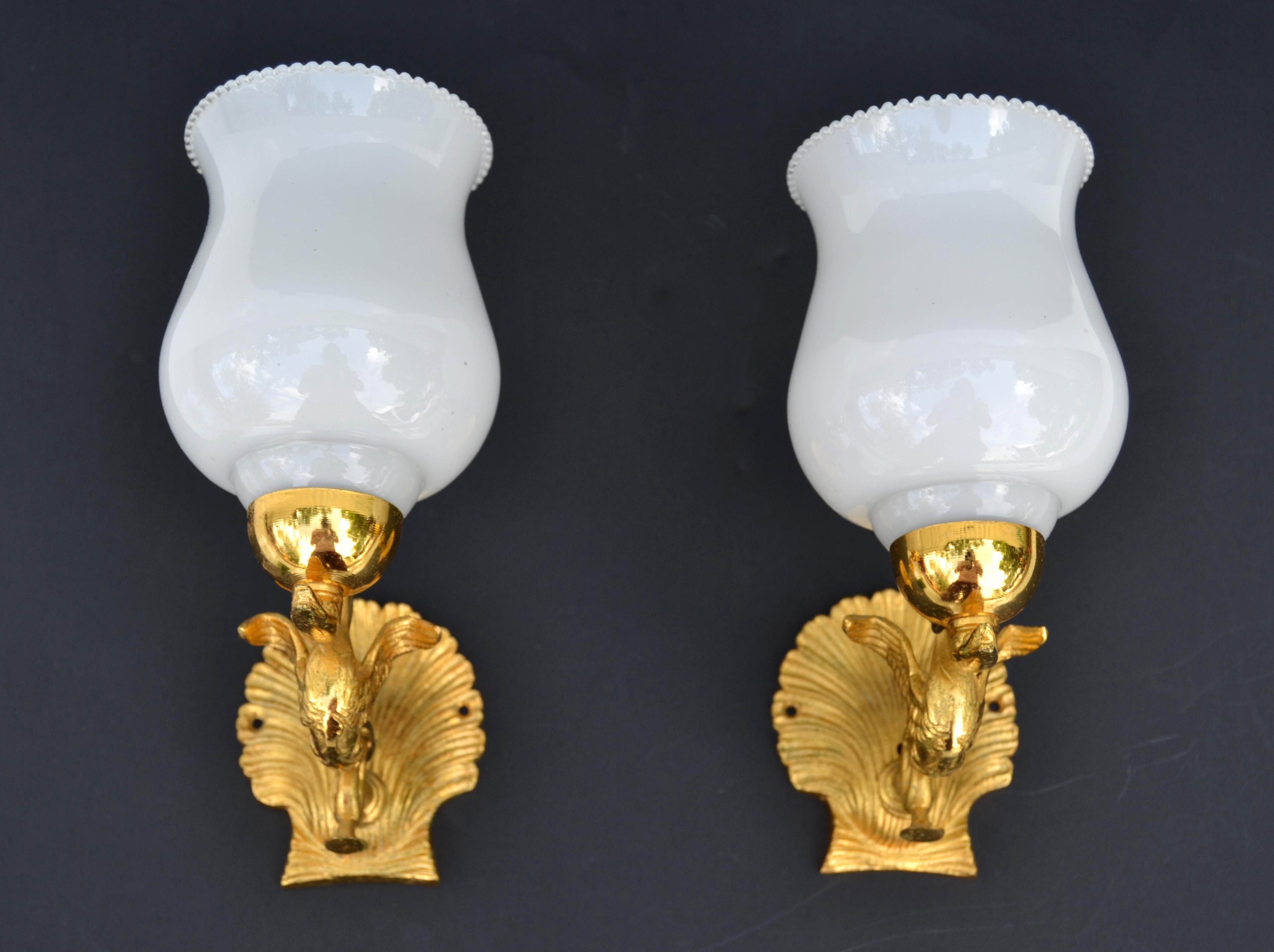 Pair, Maison Lancel Gilt Bronze Sconces Ruffled Opaline Glass Shade France, 1950 In Good Condition For Sale In Miami, FL