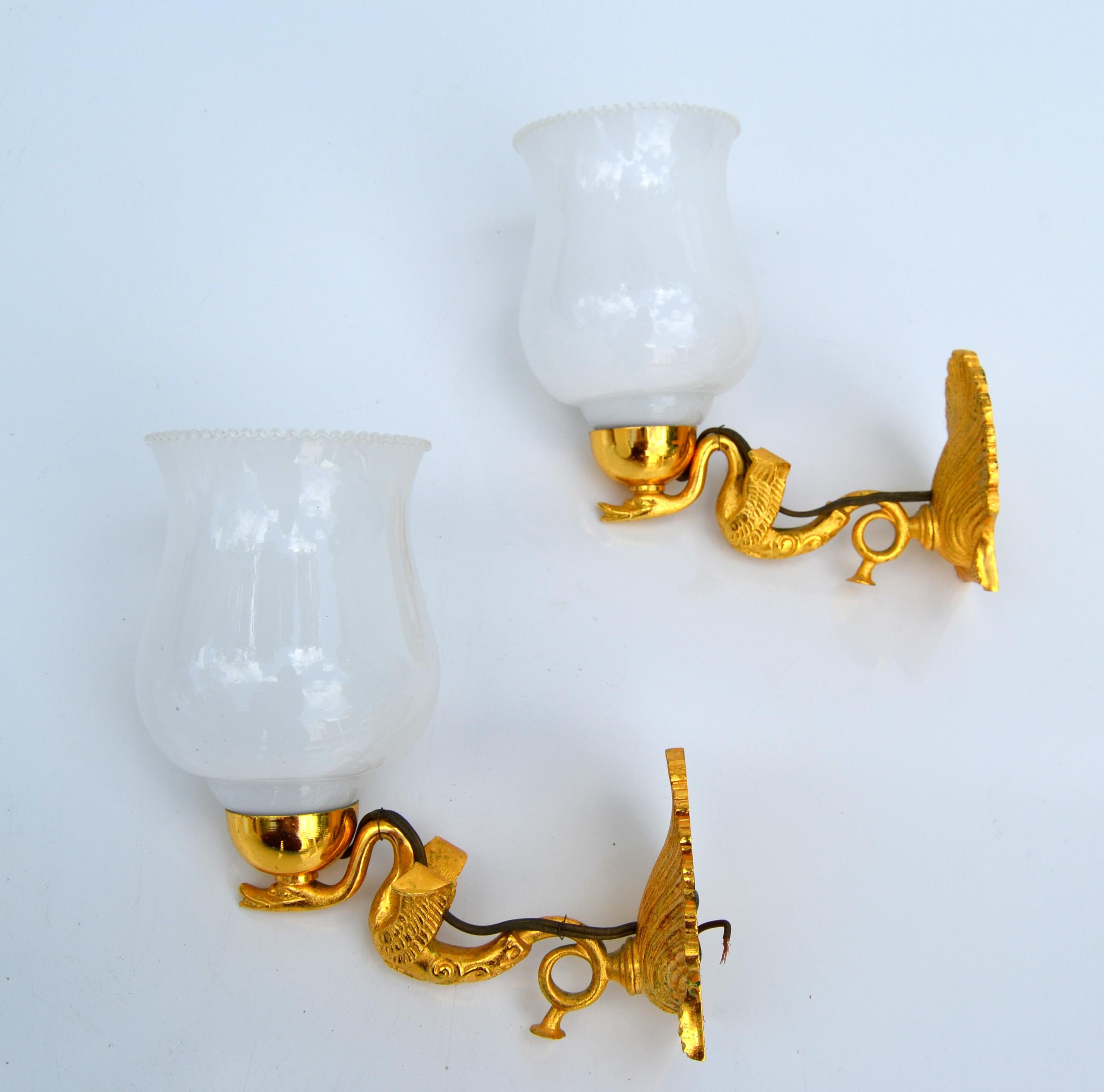 20th Century Pair, Maison Lancel Gilt Bronze Sconces Ruffled Opaline Glass Shade France, 1950 For Sale