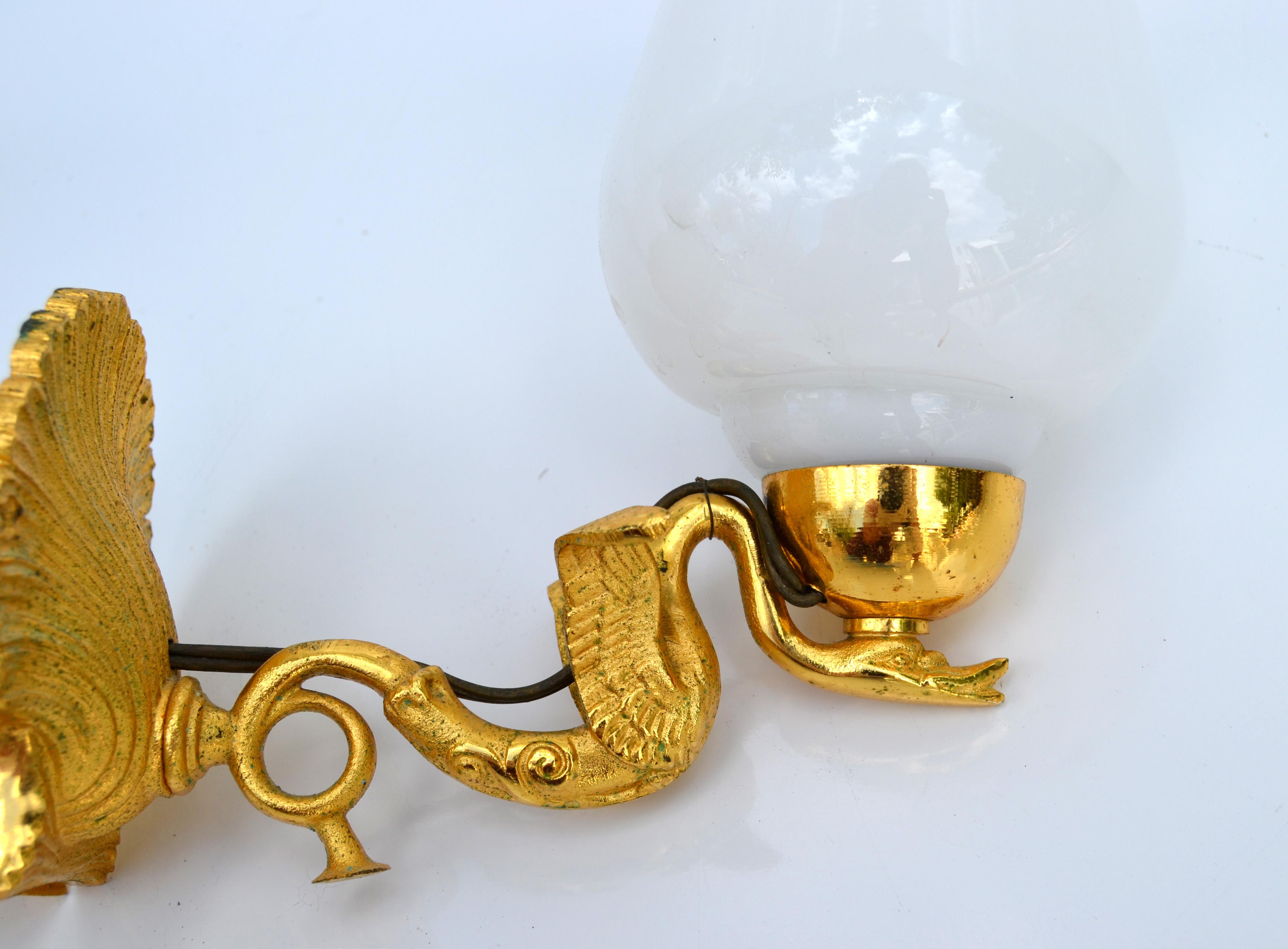 Pair, Maison Lancel Gilt Bronze Sconces Ruffled Opaline Glass Shade France, 1950 For Sale 3