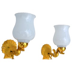 Pair, Maison Lancel Gilt Bronze Sconces Ruffled Opaline Glass Shade France, 1950