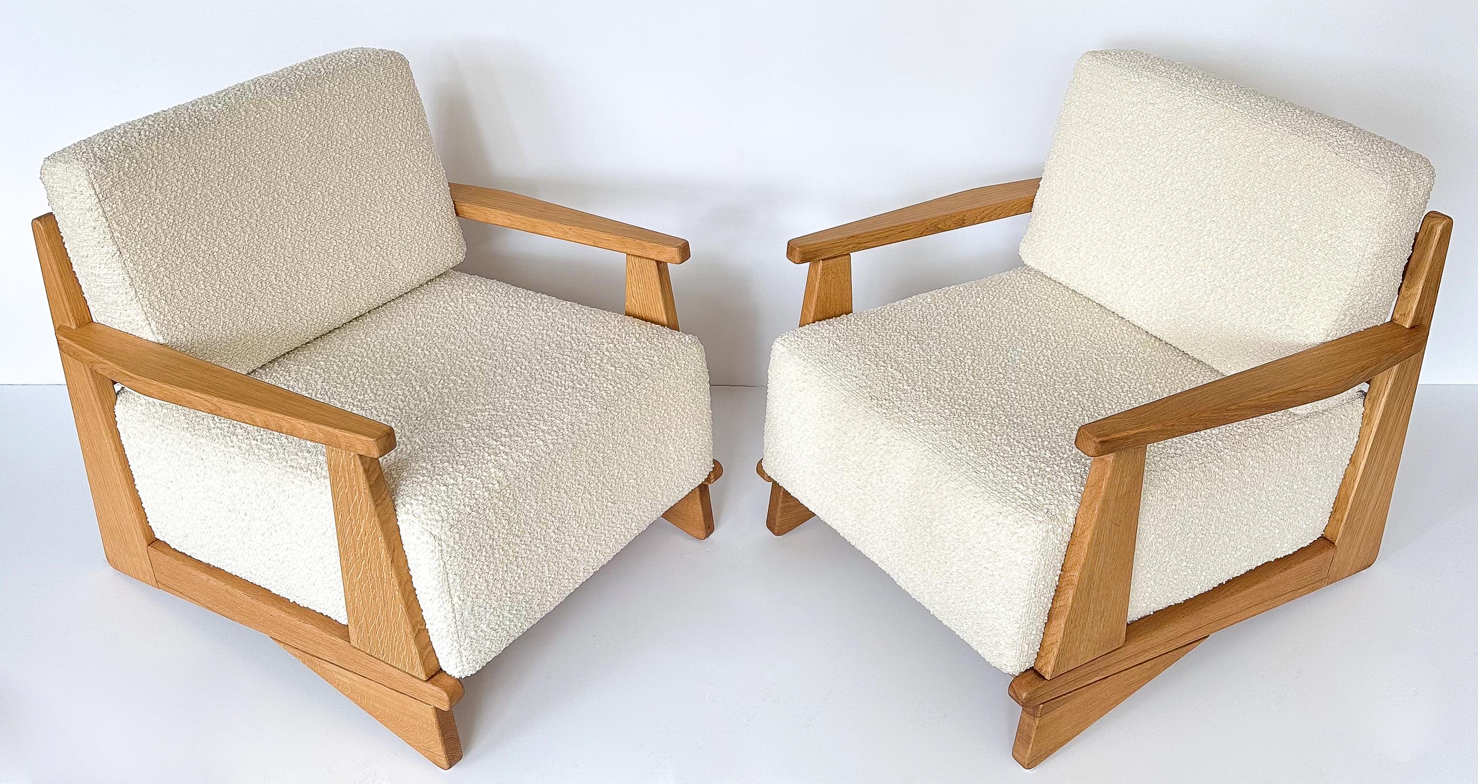 French Pair Maison Regain Elm and Boucle Lounge Chairs