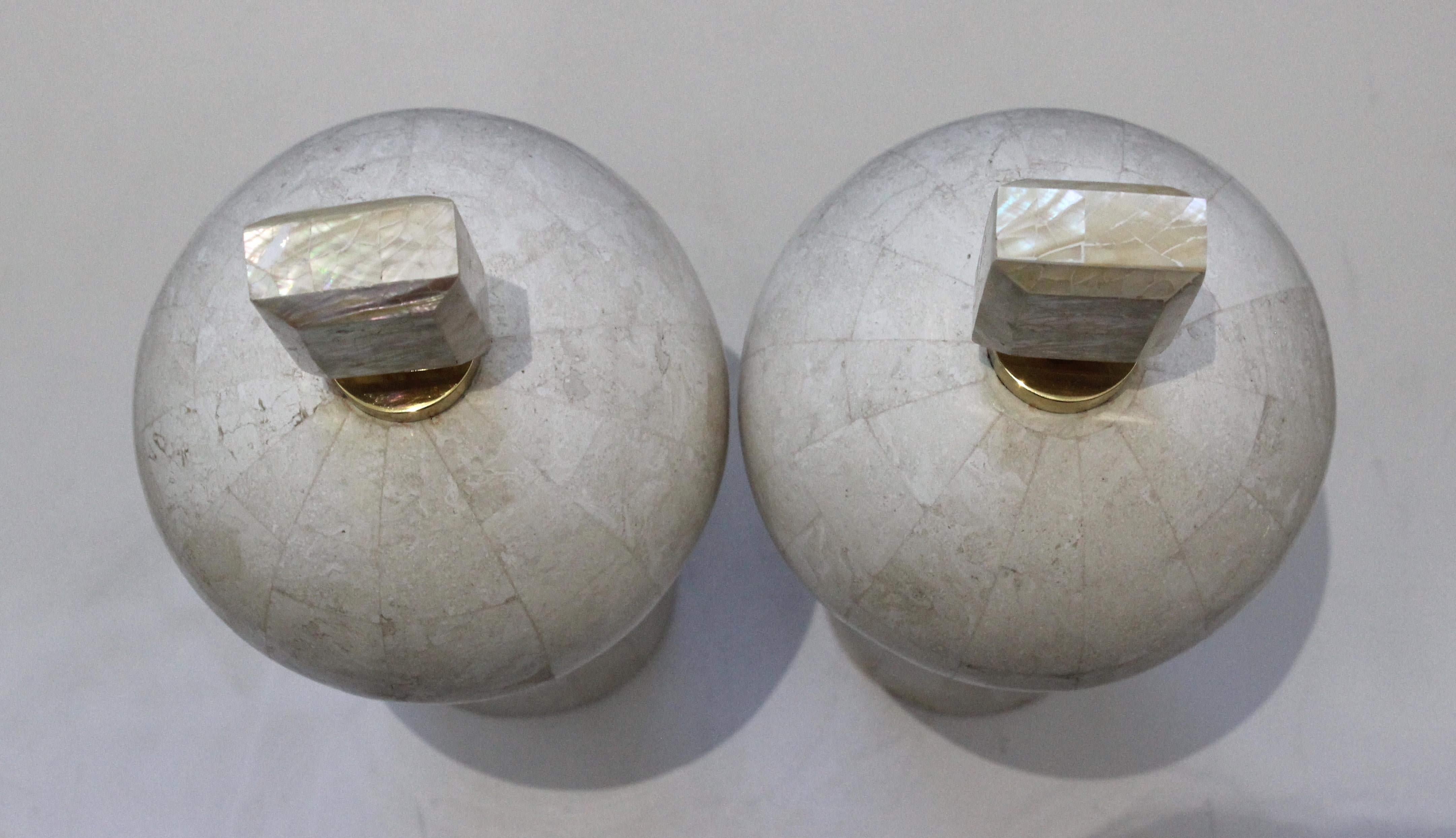 Pair Maitland Smith Garniture Vases in Tessellated Marble & Mother-of-Pearl For Sale 5