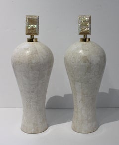 Pair Maitland Smith Garniture Vases in Tessellated Marble & Mother-of-Pearl