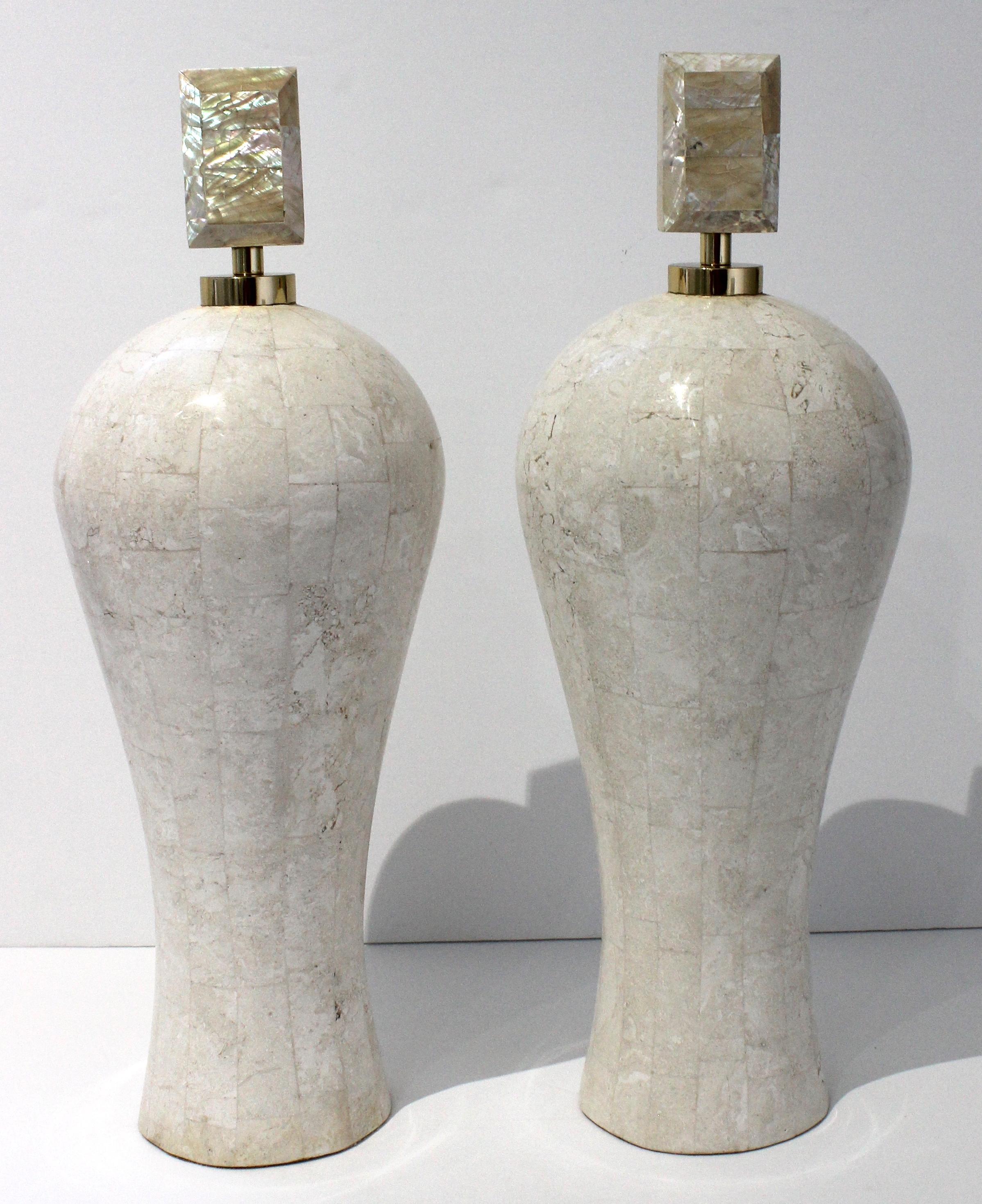 Hollywood Regency Pair Maitland Smith Garniture Vases in Tessellated Marble & Mother-of-Pearl For Sale