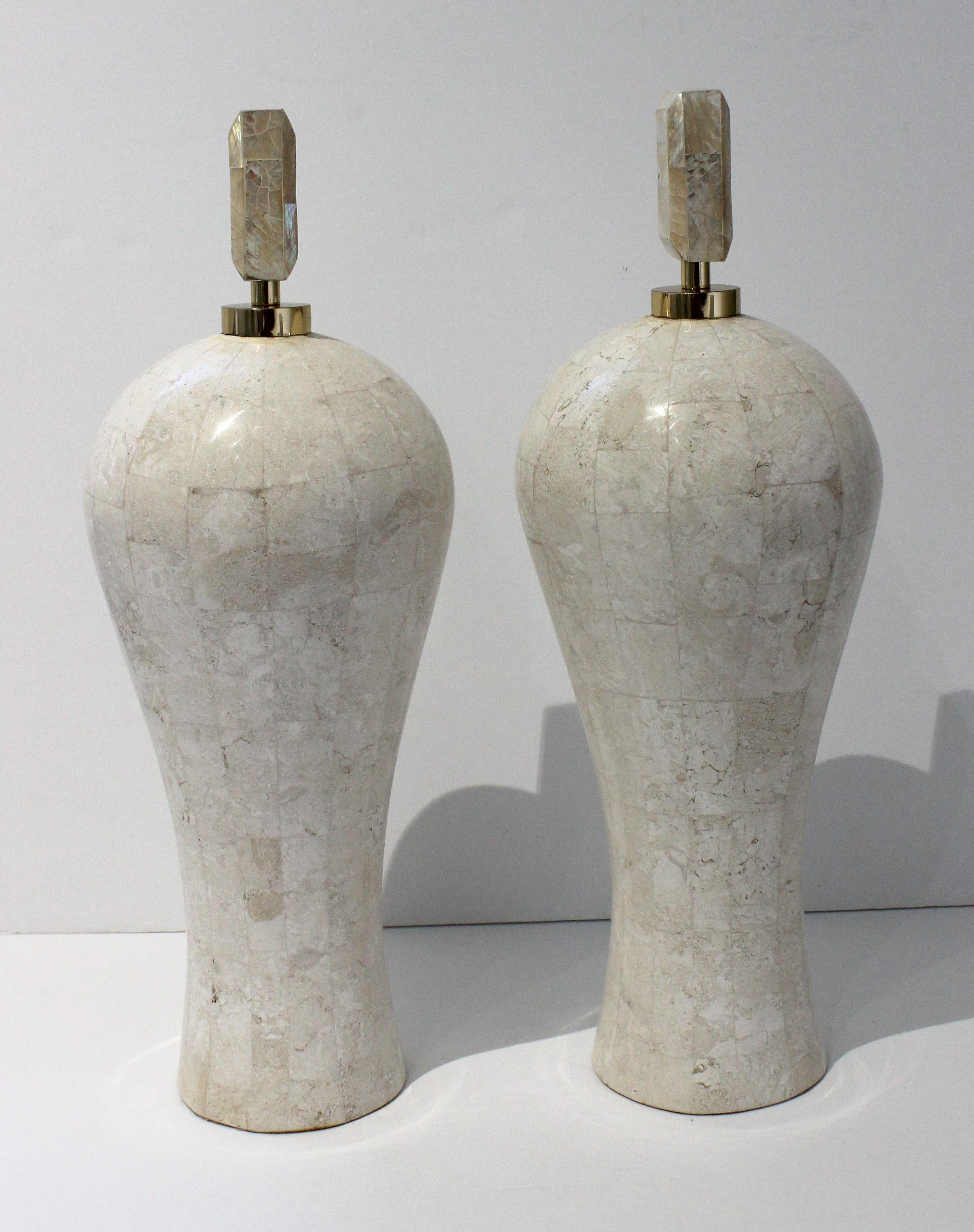 Philippine Pair Maitland Smith Garniture Vases in Tessellated Marble & Mother-of-Pearl For Sale