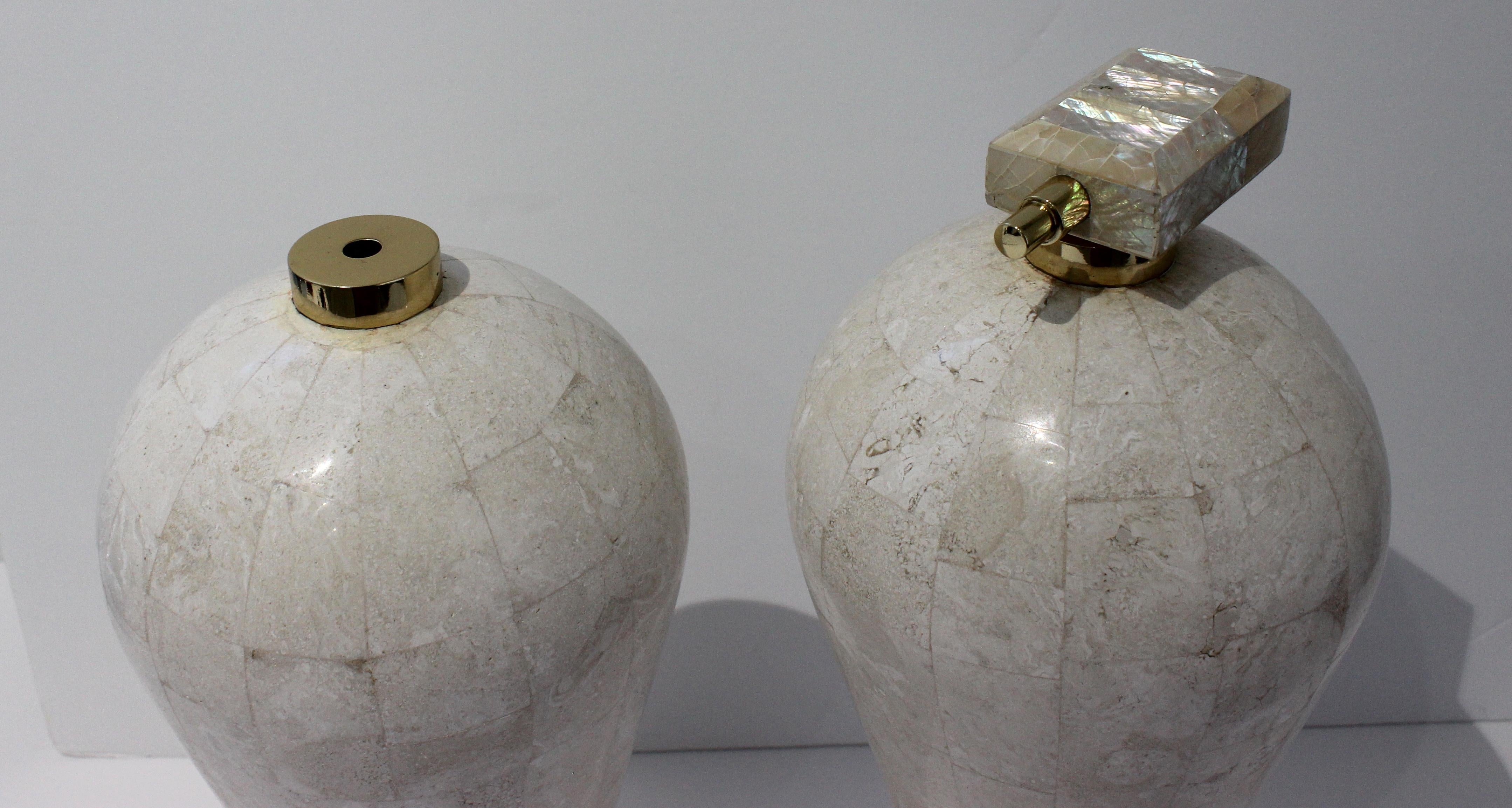 Hand-Crafted Pair Maitland Smith Garniture Vases in Tessellated Marble & Mother-of-Pearl For Sale
