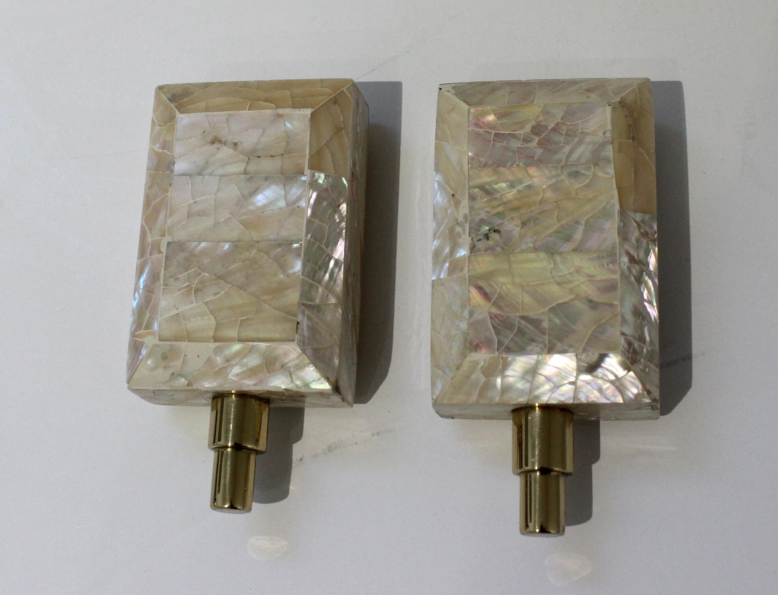 Brass Pair Maitland Smith Garniture Vases in Tessellated Marble & Mother-of-Pearl For Sale