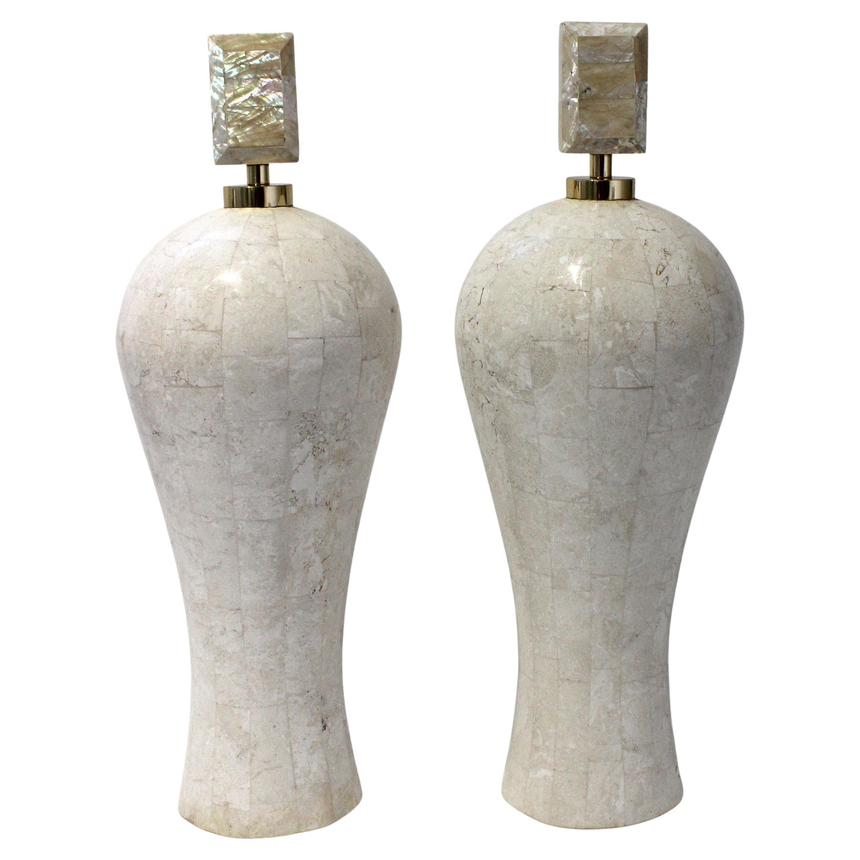 Pair Maitland Smith Garniture Vases in Tessellated Marble & Mother-of-Pearl For Sale