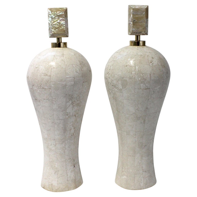 Pair Maitland Smith Garniture Vases in Tessellated Marble and Mother-of- Pearl For Sale at 1stDibs