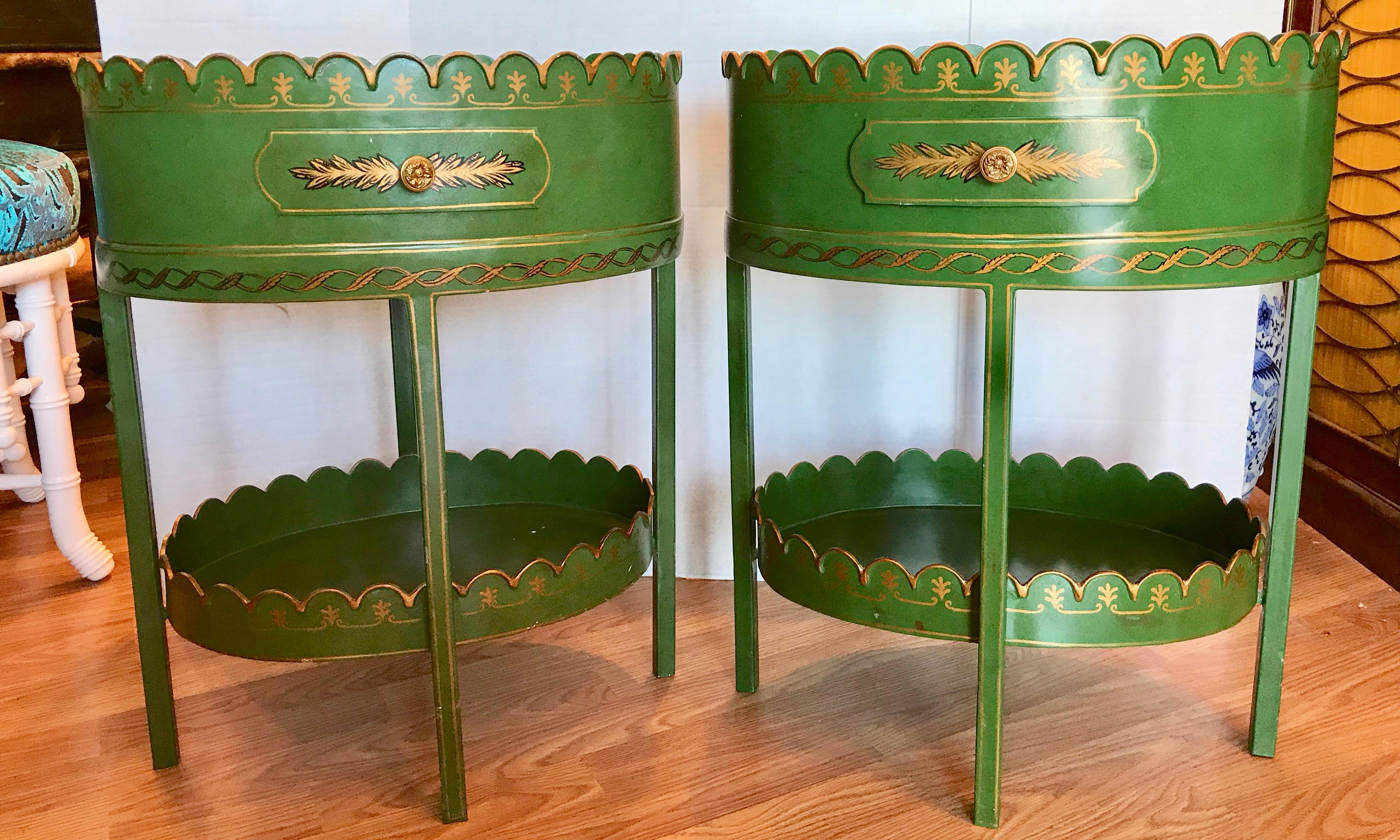 A rare pair - great scale and style, with a soft
green color. The chairs are accented with gilt 
wreaths and bows in the Classic French manner.
Outstanding drink or side tables - each fitted with
a single drawer. Both stunning and